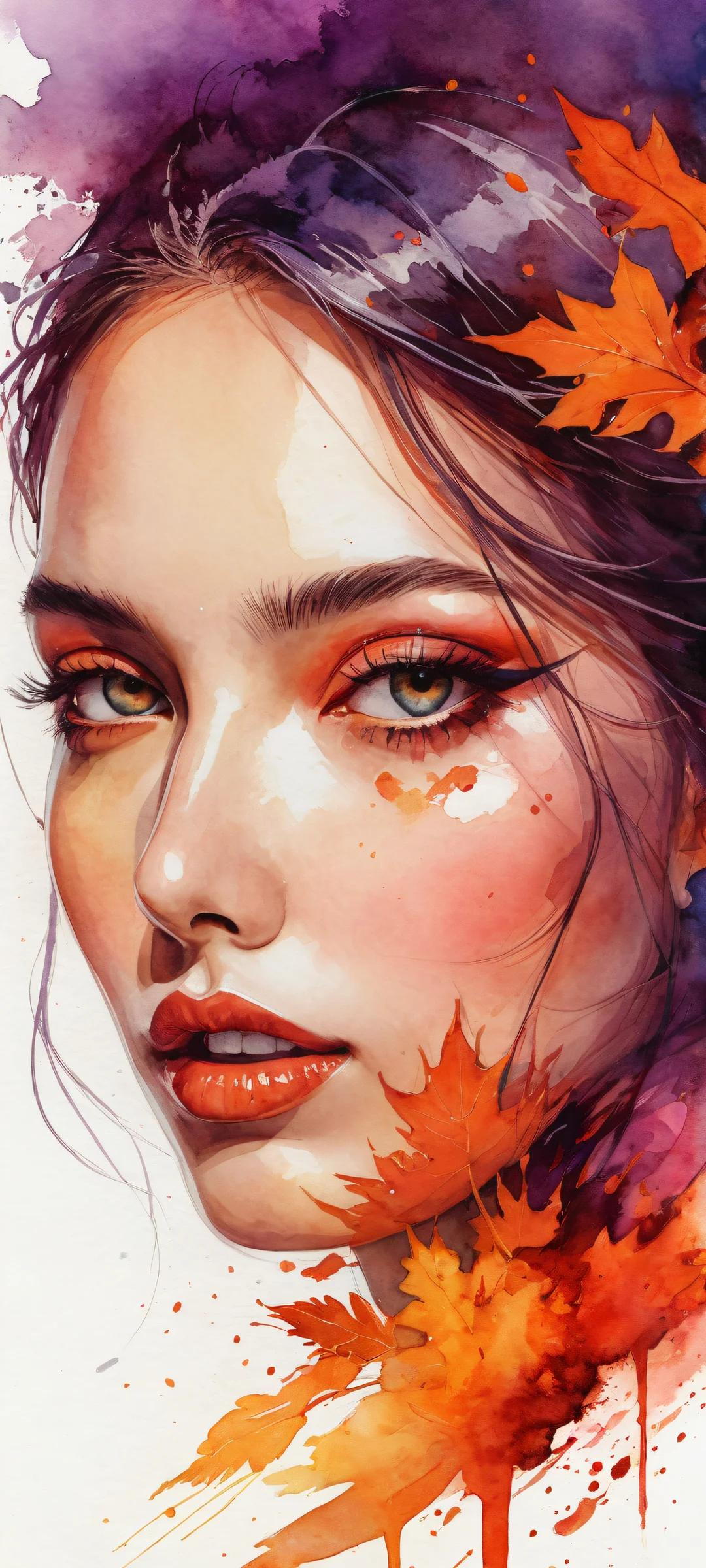 A mesmerizing iPhone/Android wallpaper featuring a striking portrait of violent colors and delicate illustrations, with intricate micro-details and ethereal lighting.