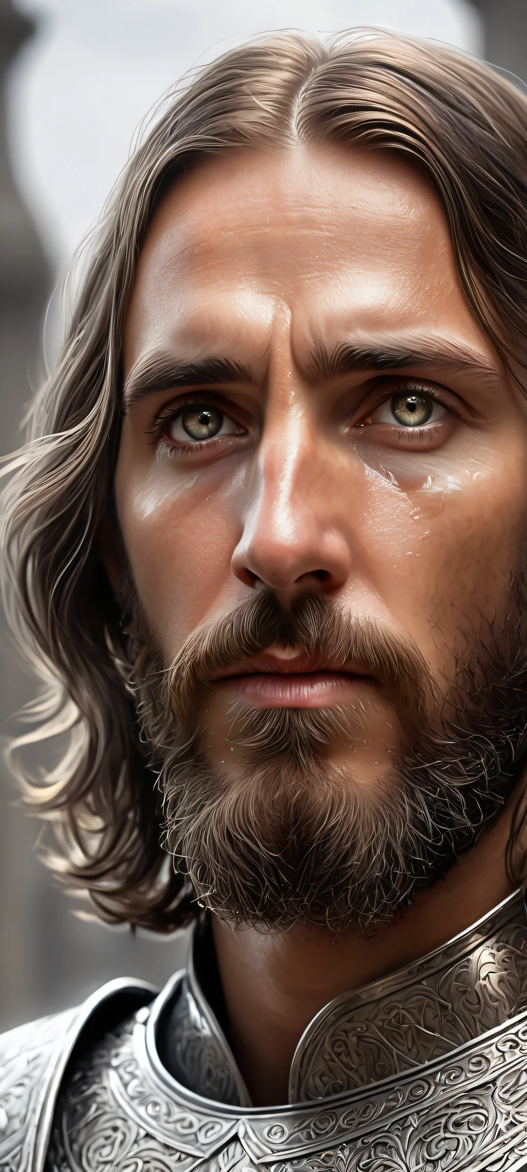 Beautiful portrait of Jesus Christ within a knight's armor, perfectly optimized for iPhone and Android home screens.