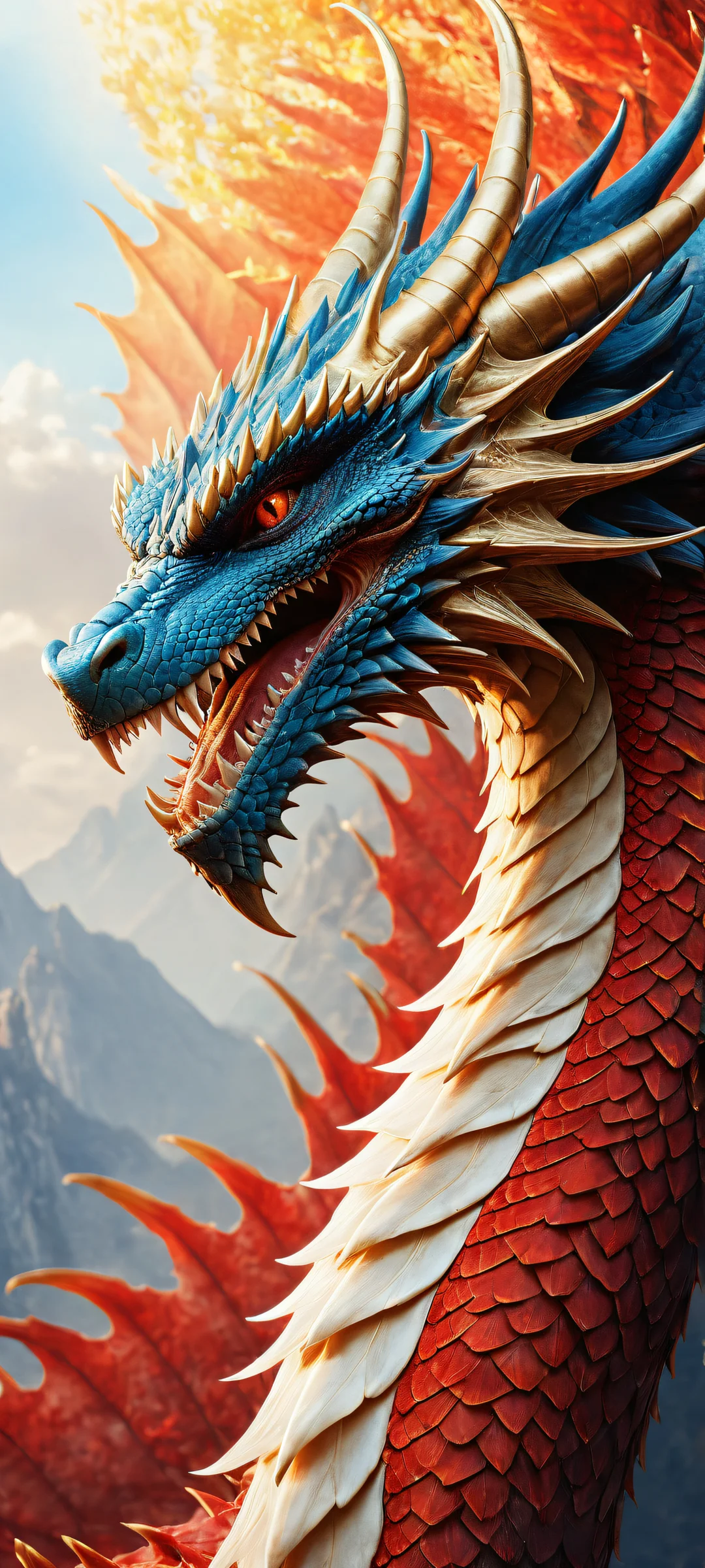 A majestic SemlaStyle dragon placed in the lower-middle with intricate micro-details on its scales and claws, perfectly clean and empty top half for UI. Suitable for iPhone/Android home screens.