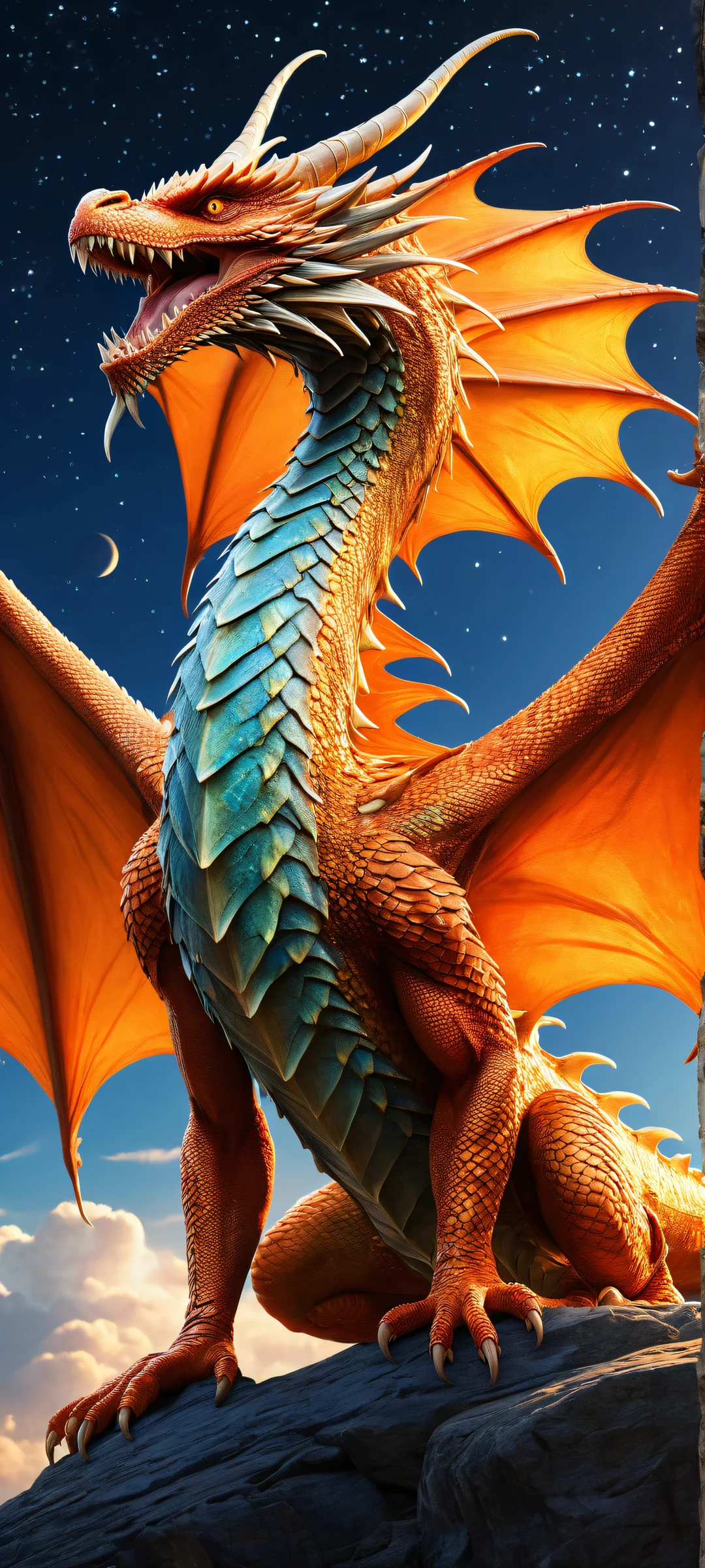 A magnificent dragon placed in the lower-middle with intricate micro-details on its scales and wings. iPhone/Android compatible, perfect for home screens.
