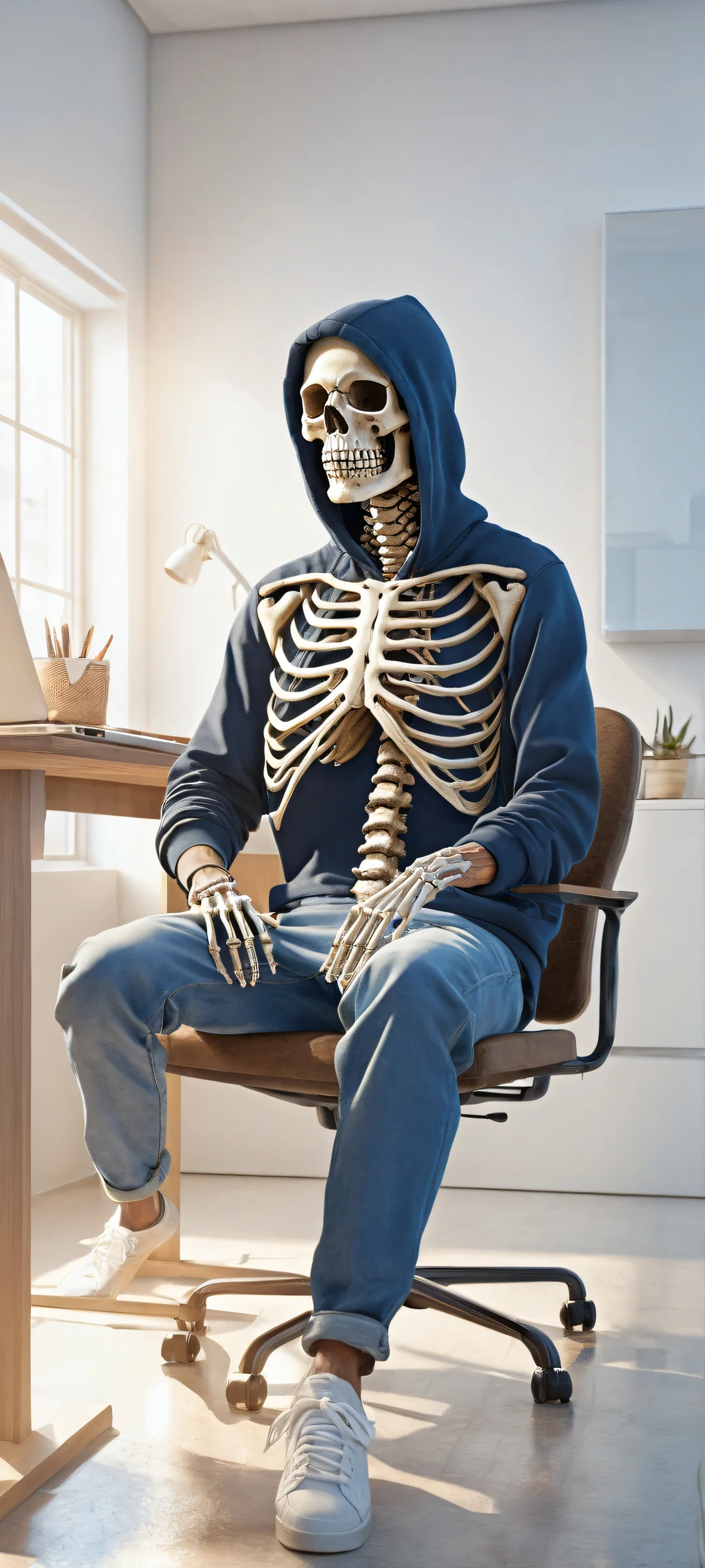 An ancient skeleton wearing old blue jeans and a black hoodie with the words 'CIVITAI' on the front, slumped back in a chair at a desk, surrounded by cobwebs, with an iPhone or Android device displaying 'No results found' screen.