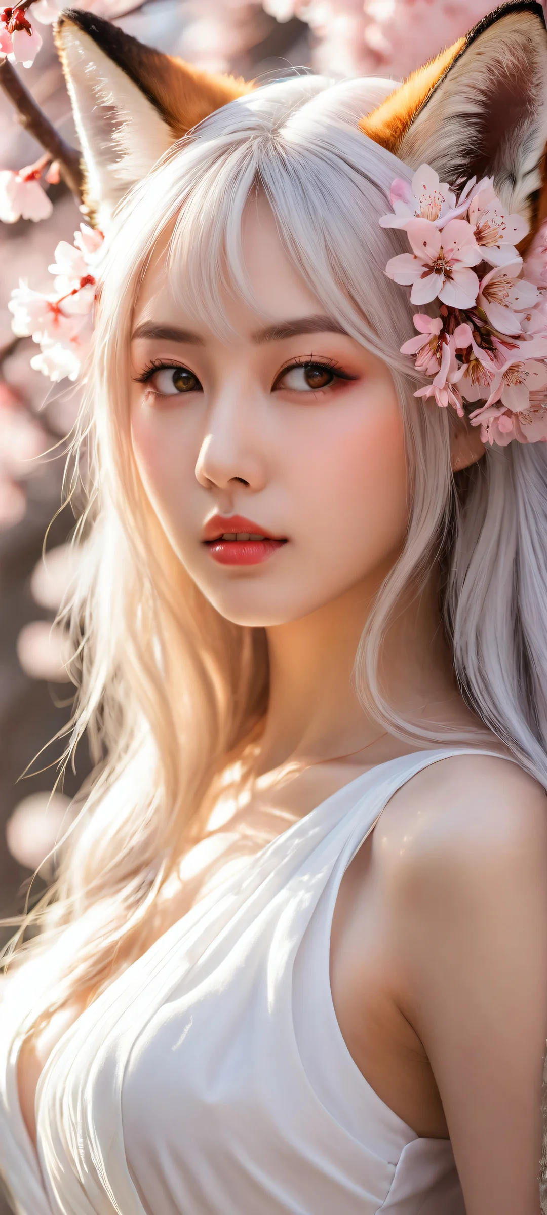 A stunning portrait of a demi-human fox girl with anime-style animal ears and long hair on an iPhone or Android device. Perfect for home screens.