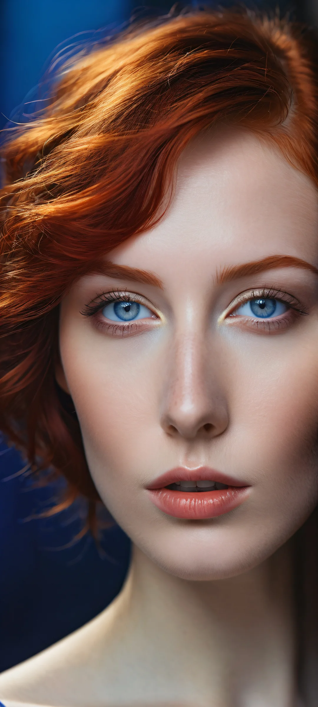 A striking redhead model in a dark, void-filled backdrop, perfekt optimiert für iPhone/Android-Startbildschirme.