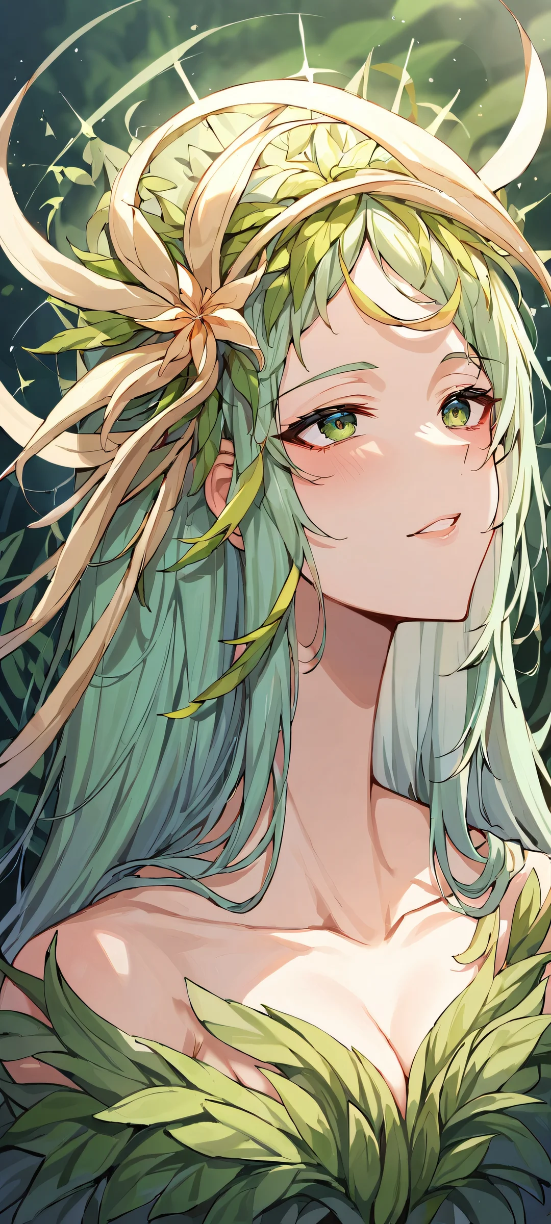 Beautiful anime girl looking up at a stunning background featuring lush greenery and ethereal glow. Parfaitement optimisé pour iPhone, SamsungGalaxy, et écrans d'accueil Android.