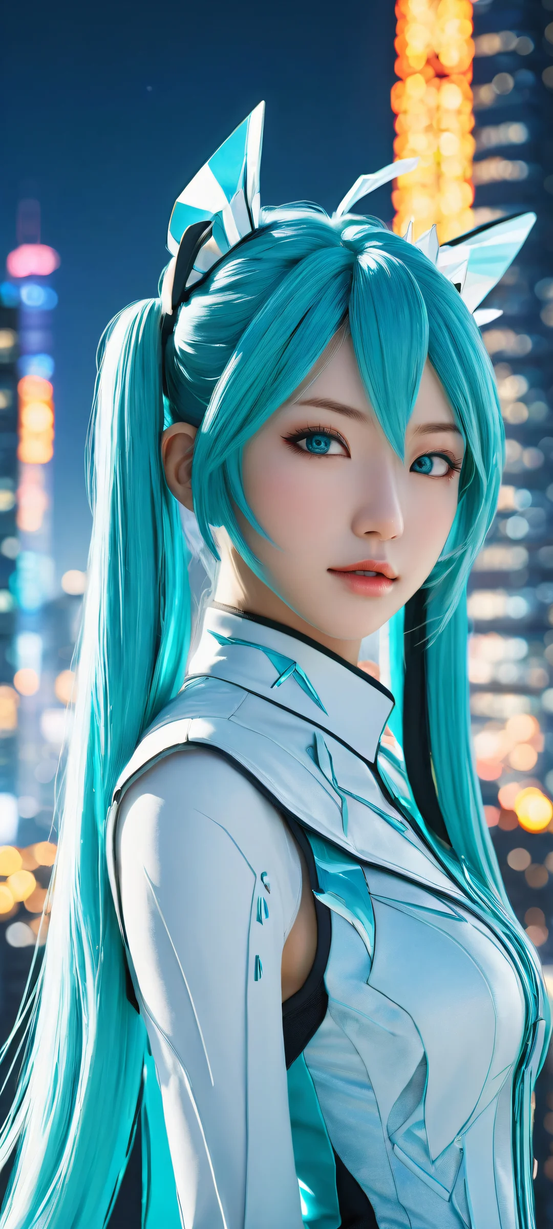 A breathtaking portrait of Hatsune Miku against a futuristic city skyline on iPhone and Android devices.
