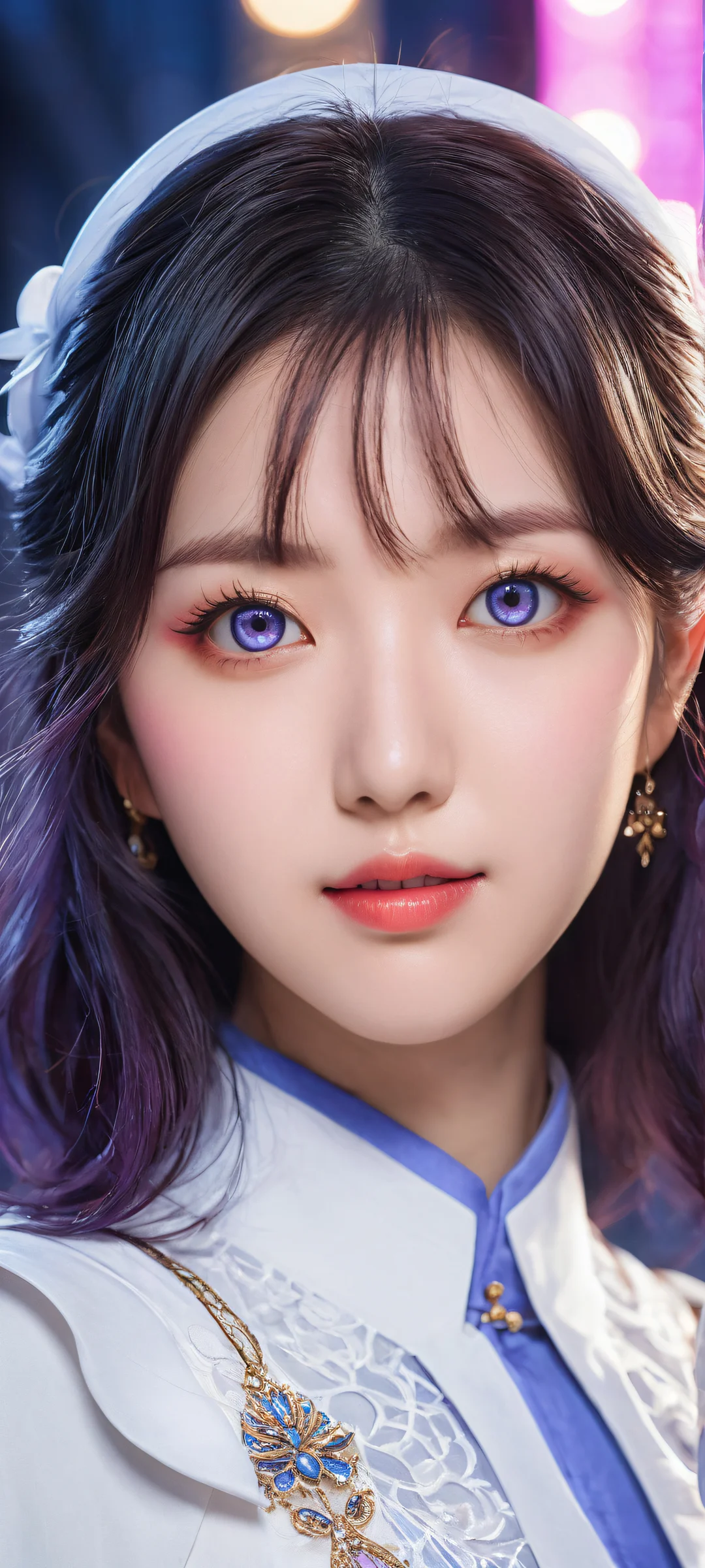 A young Hololive member, Hoshimachi Suisei, standing out against a vibrant cityscape at dusk with neon lights reflecting off the wet pavement. Parfaitement optimisé pour les écrans d'accueil iPhone et Android.