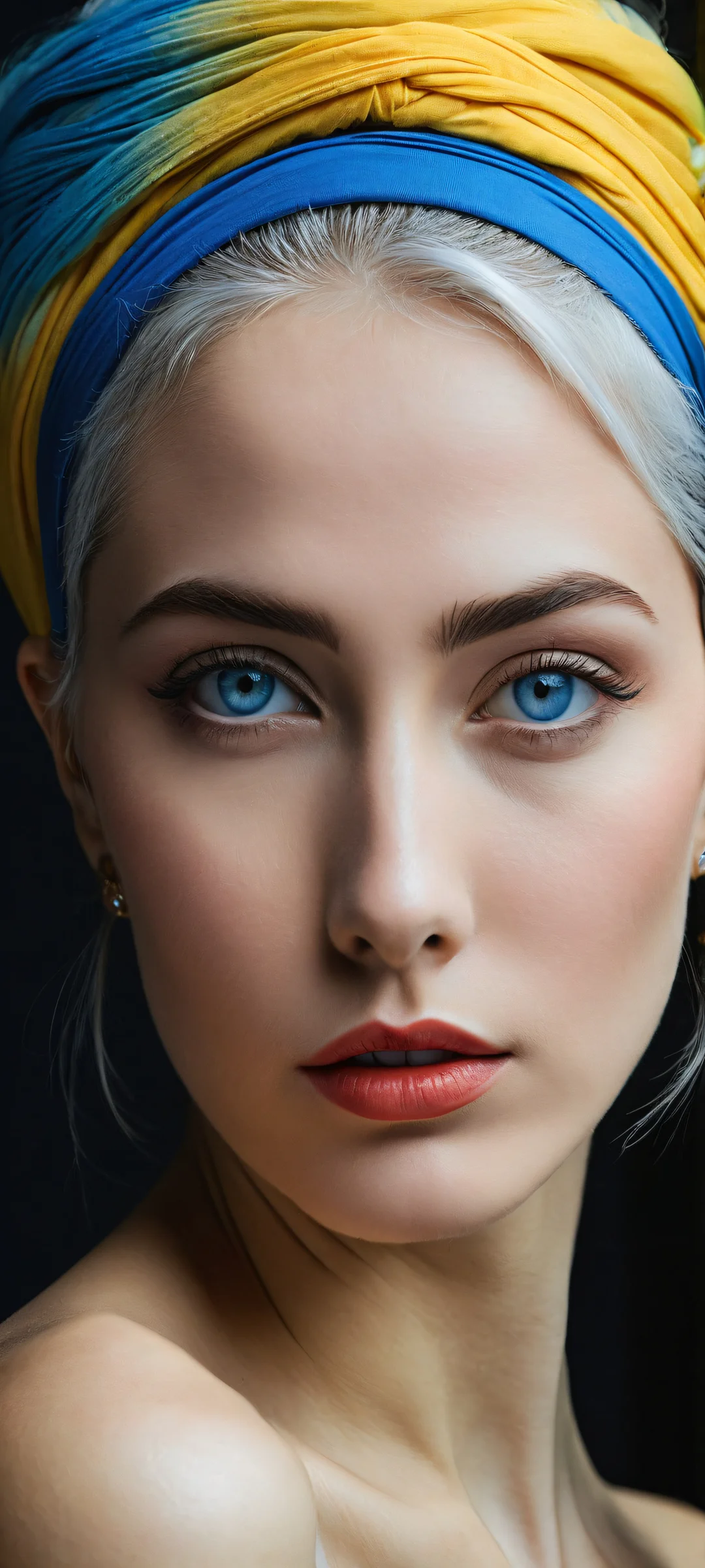 iPhone/Android user, get ready to be mesmerized by this stunning portrait artwork of zzLana, featuring intricate details on her striking blue eyes and hair, set against a gradient of deep blues evoking limitless space.
