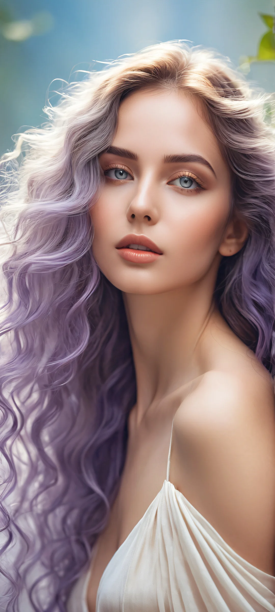 Beautiful woman with long hair on a serene iPhone/Android mobile wallpaper with dreamy atmosphere and ray traced reflections.