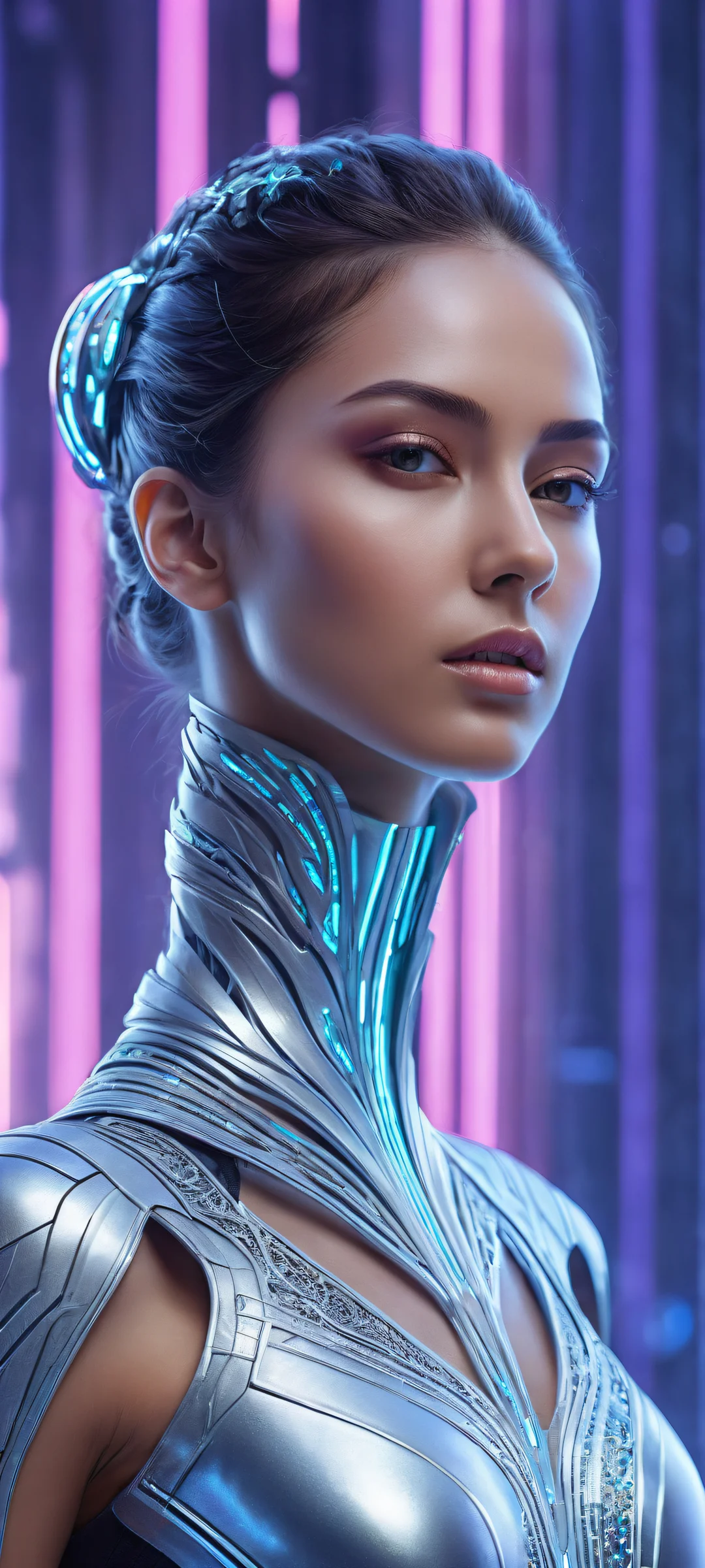 A futuristic female character stands in the lower-middle against a vast pure void, perfekt optimiert für iPhone- und Android-Startbildschirme.