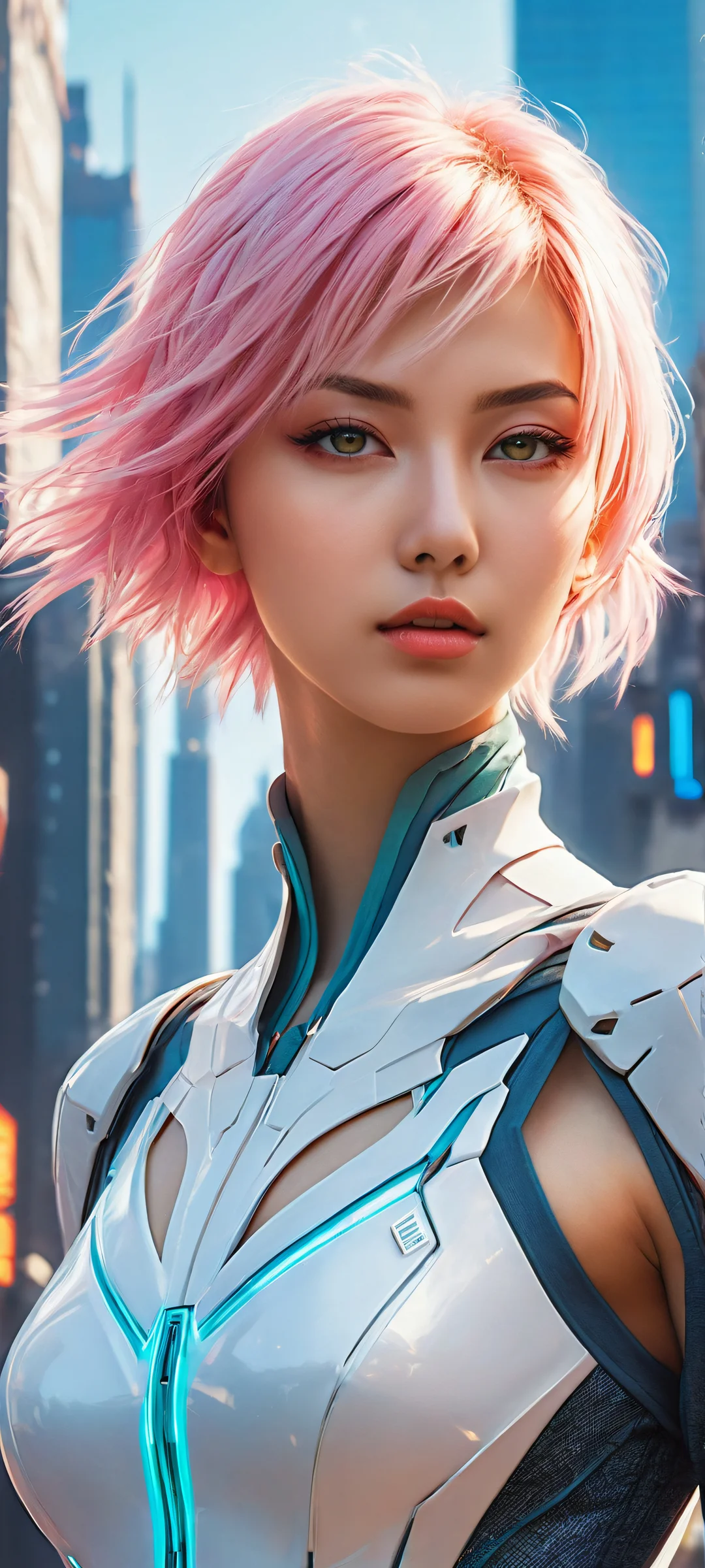 A stunning anime girl with vibrant personality and outfit against a futuristic cityscape, perfeitamente otimizado para telas iniciais de iPhone/Android.