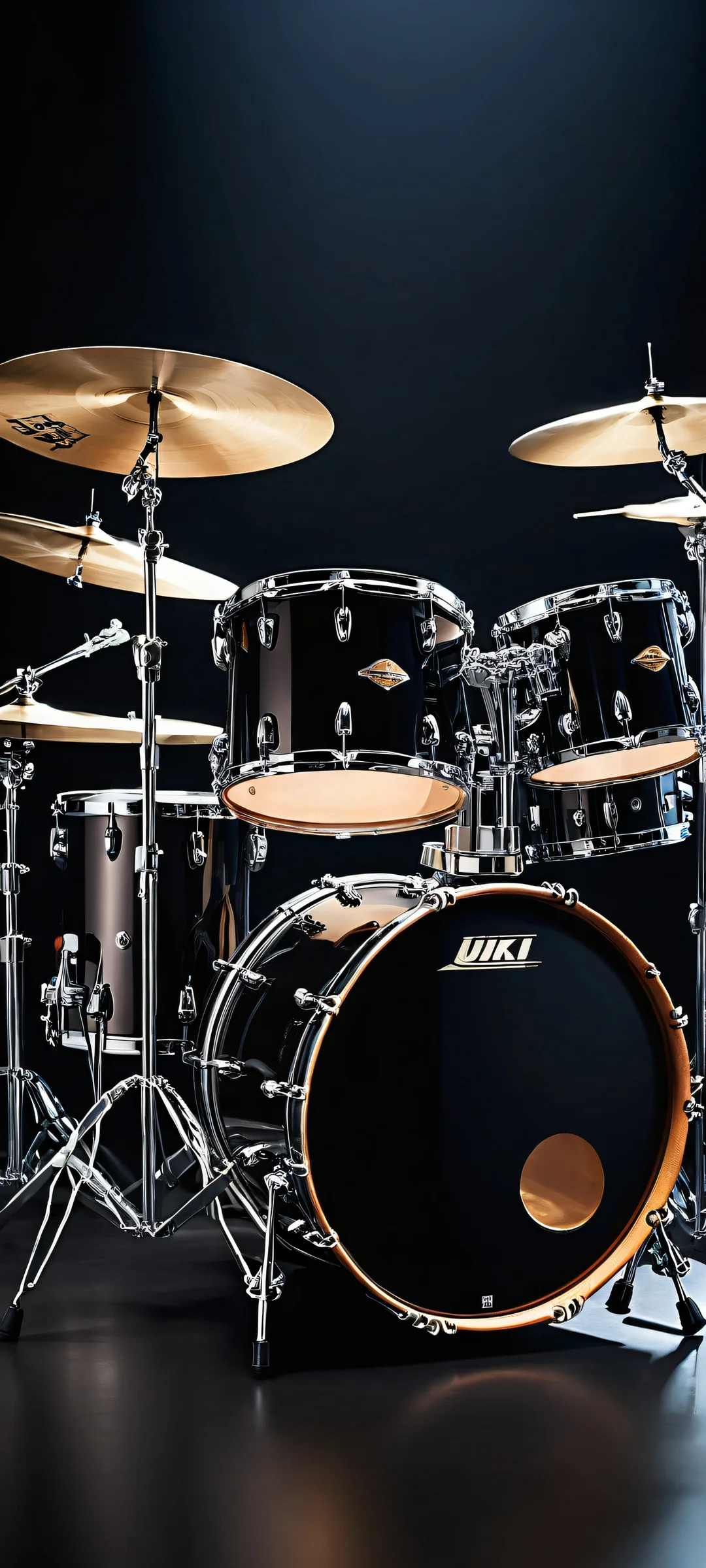 A stunning vertical portrait artwork of drums placed in the lower-middle with insane micro-details, on a simple black background for UI widgets. Perfectly optimized for iPhone and Android home screens.