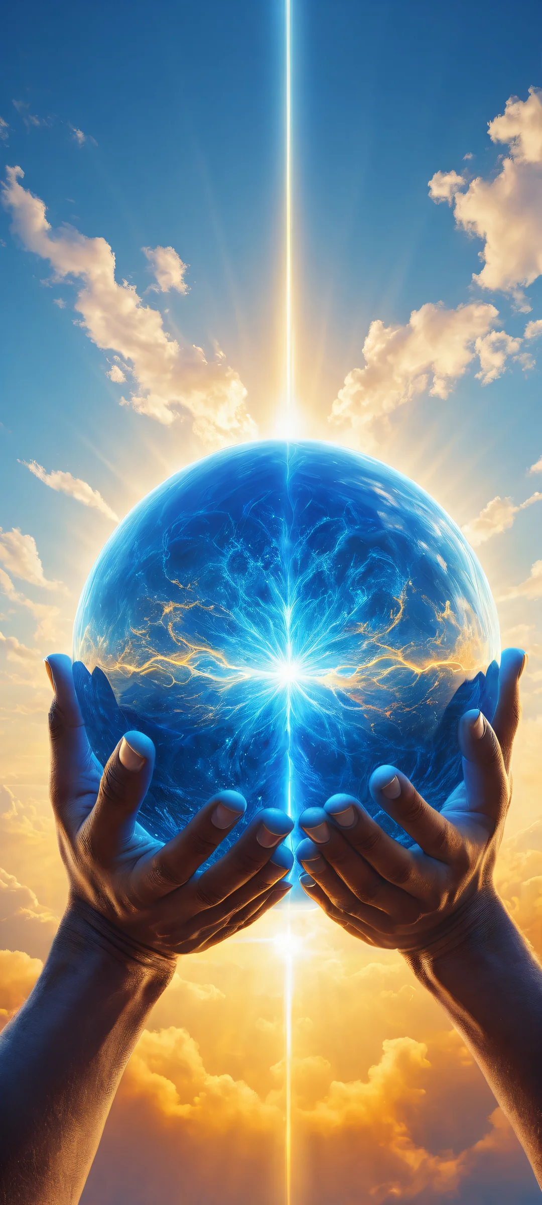 A stunning vertical portrait artwork of a two-man hand holding an energy ball on iPhone/Android devices, showcasing intricate details and ethereal lighting.