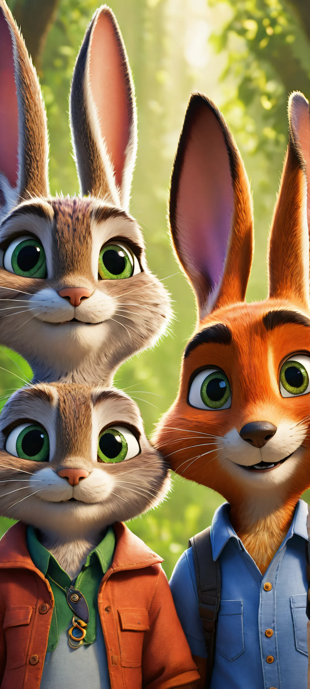 A stunning vertical portrait artwork featuring Judy Hopps and Nick Wilde, optimized for iPhone/Android home screens. Perfectly clean top half for widgets.