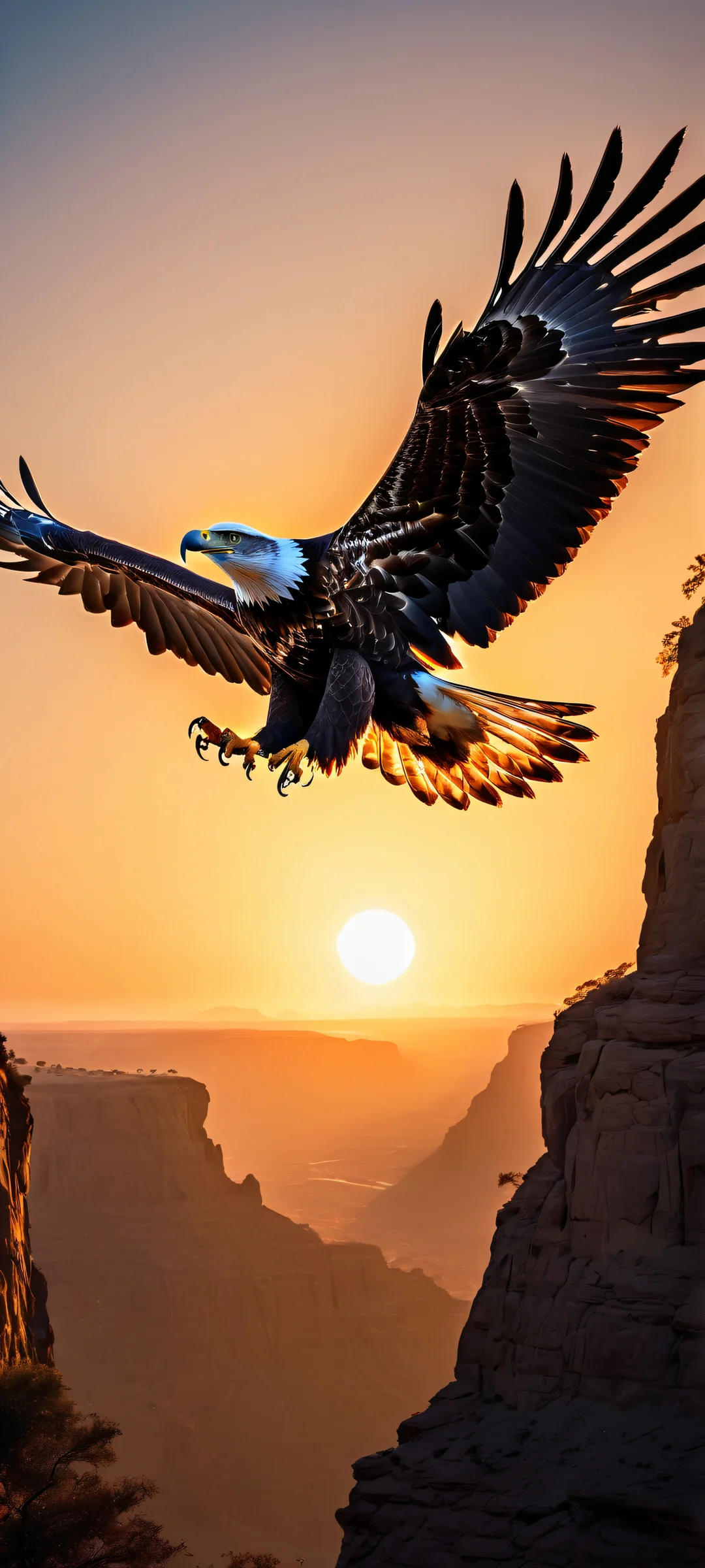 An ethereal eagle soaring in the lower-middle, perfectly optimized for iPhone and Android home screens. Features intricate details, sharp features, and delicate wings against a vast pure void, with a dark cave opening up to reveal the blindingly bright savannah at dusk.