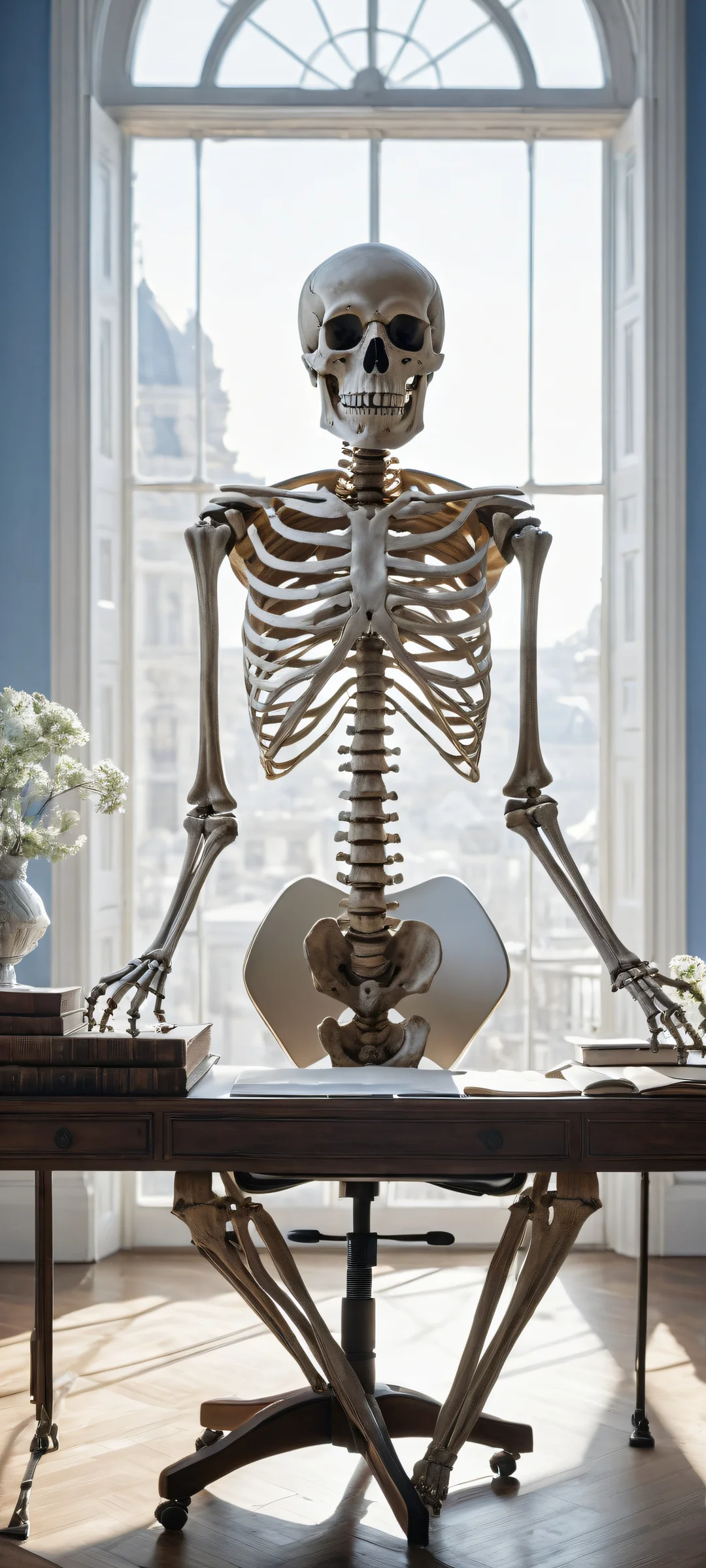 Ethereal Echoes 2K Mobile BackgroundiPhone/Androidのホーム画面に最適 A haunting portrait of CIVITAI skeleton surrounded by cobwebs and eerie lighting on a dark, old desk, perfect for iPhone/Android home screens.