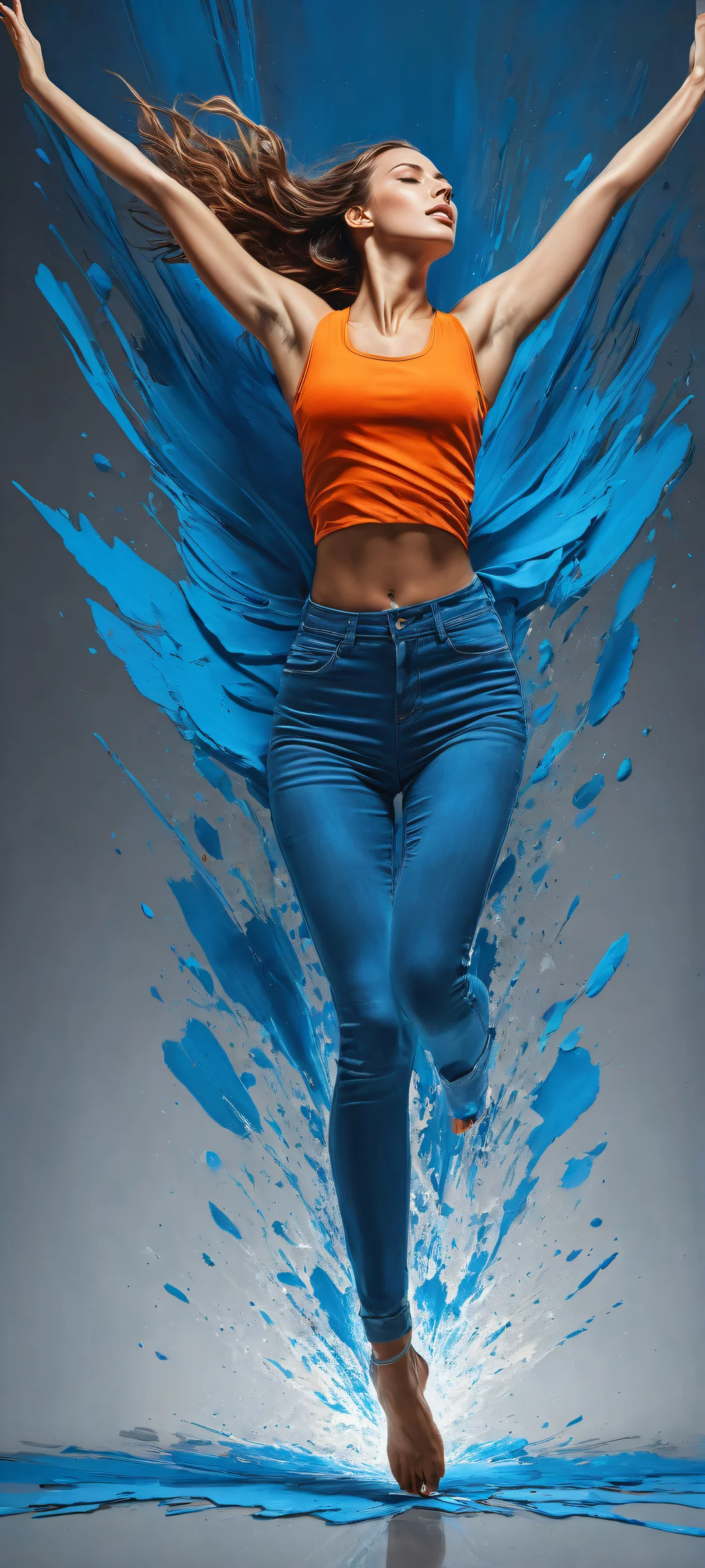 A woman in mid-air amidst an abstract background on iPhone/Android