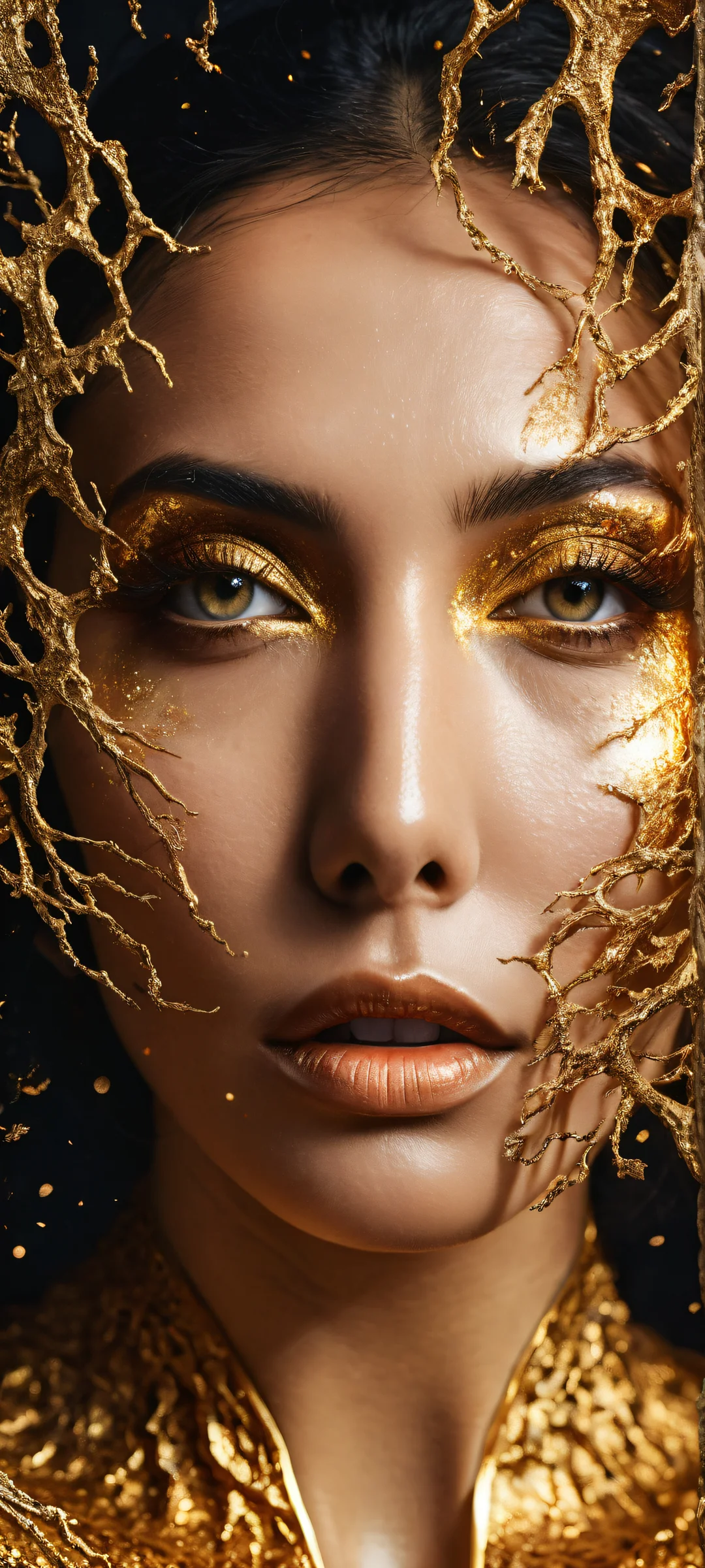 A stunning portrait of a woman with glowing molten gold cracks on her face, reflecting distant galaxies in her eyes, and transforming hair into black petals. Perfectly optimized for iPhone, Samsung Galaxy, and Android home screens.