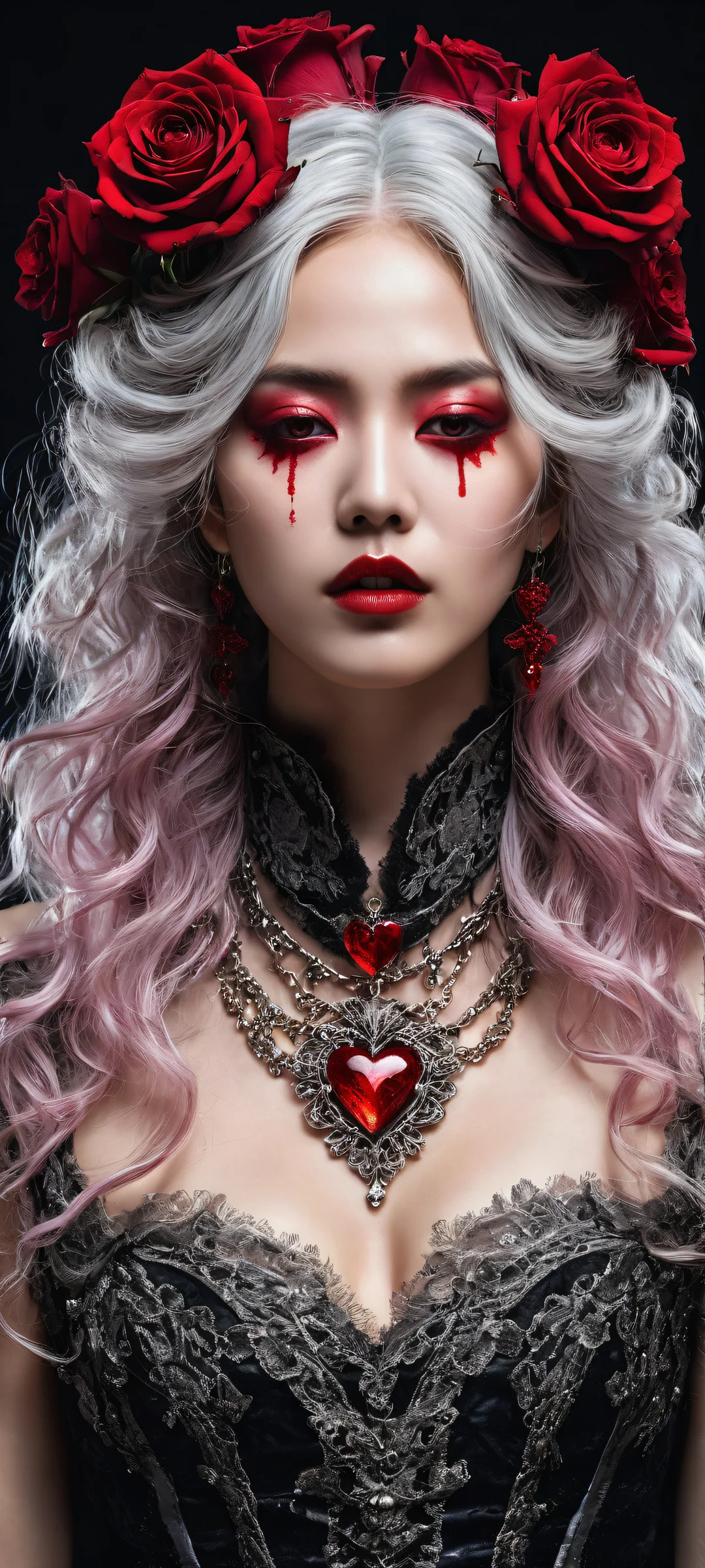 A stunning portrait of a blindfolded K-pop idol surrounded by decayed renaissance dress, roses, and splatters on iPhone/Android devices.