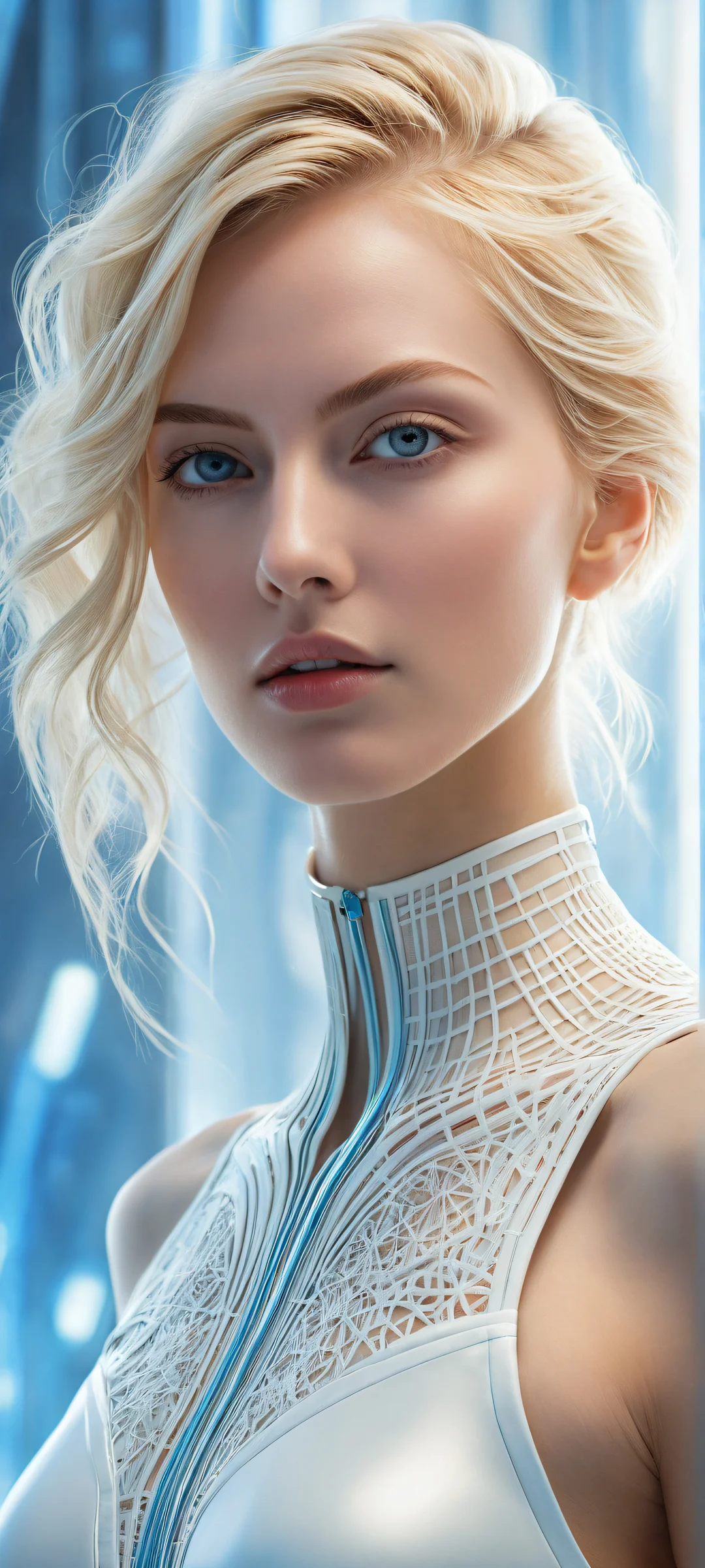 A stunning portrait of a futuristic woman with intricate details for iPhone/Android wallpaper. Perfectly optimized for seamless integration with UI widgets.