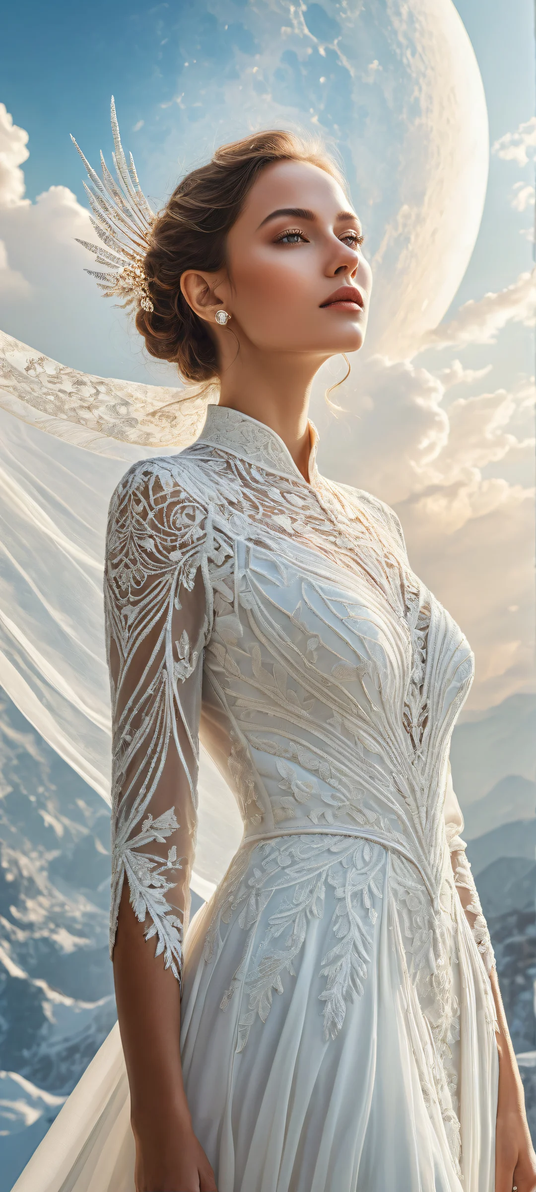 Ethereal Elegance Aesthetic Phone Wallpaper A stunning portrait of a woman in an all-white dress on iPhone/Android, with intricate details and ethereal lighting.