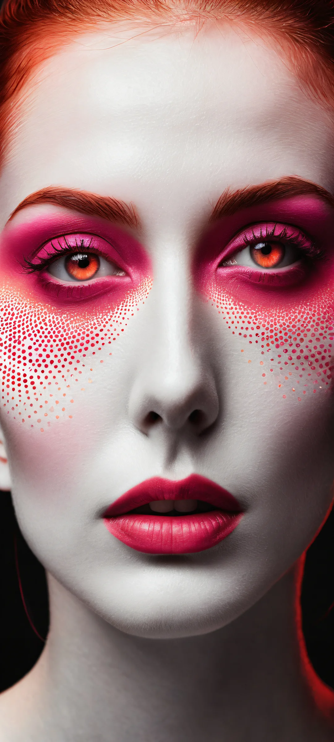 A hauntingly beautiful artwork featuring a human face with four blinding white orbs replacing the eyes, iPhone と Android のホーム画面に完全に最適化.