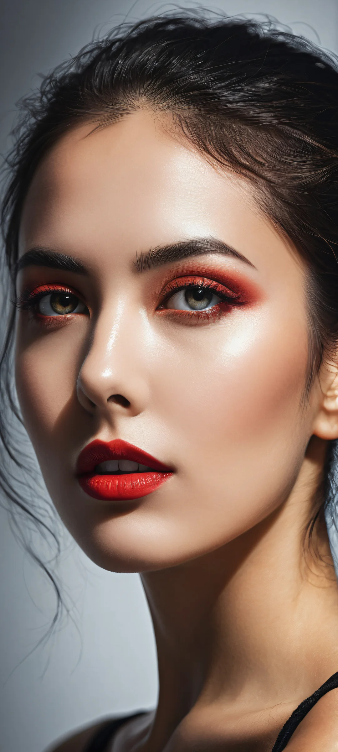 Beautiful portrait of a stunning woman on a clean and empty top half with a high-contrast grunge-inspired background, suitable for iPhone/Android home screens.