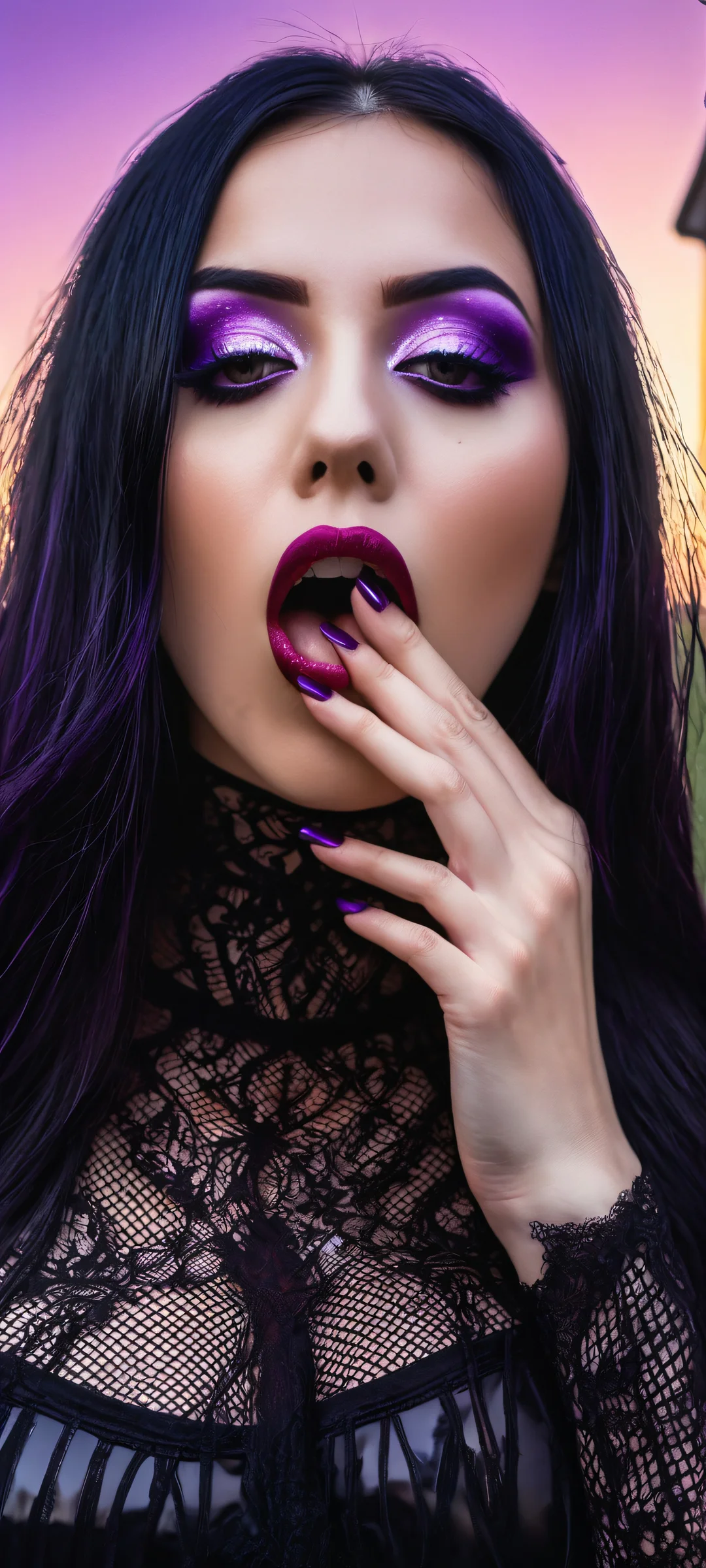 A young goth woman with a mysterious gaze and intricate details on an iPhone or Android phone background, set against an old black church and fields with purple haze.