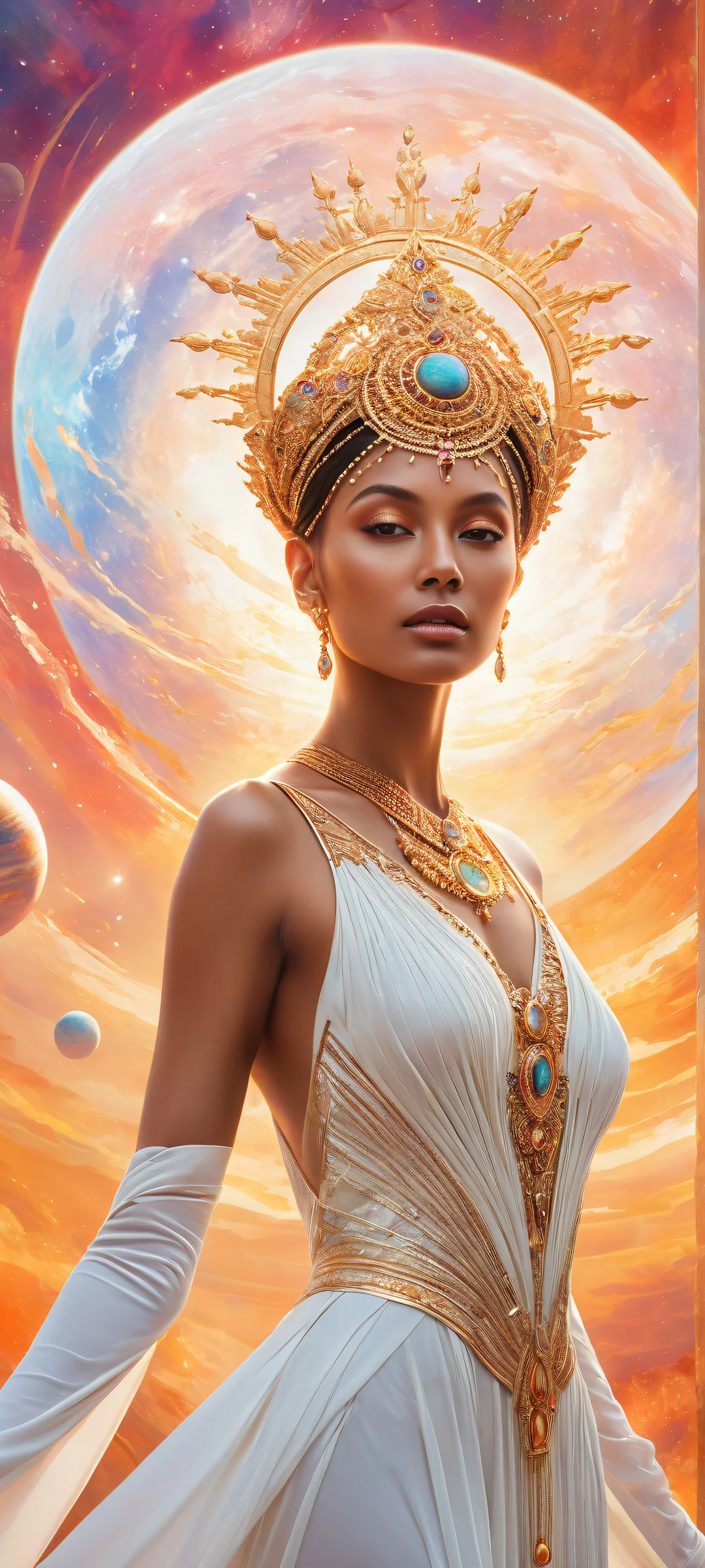 A stunning iPhone and Android wallpaper featuring a prestigious woman in an all white dress with a colorful planetary sphere head, ホーム画面に最適.