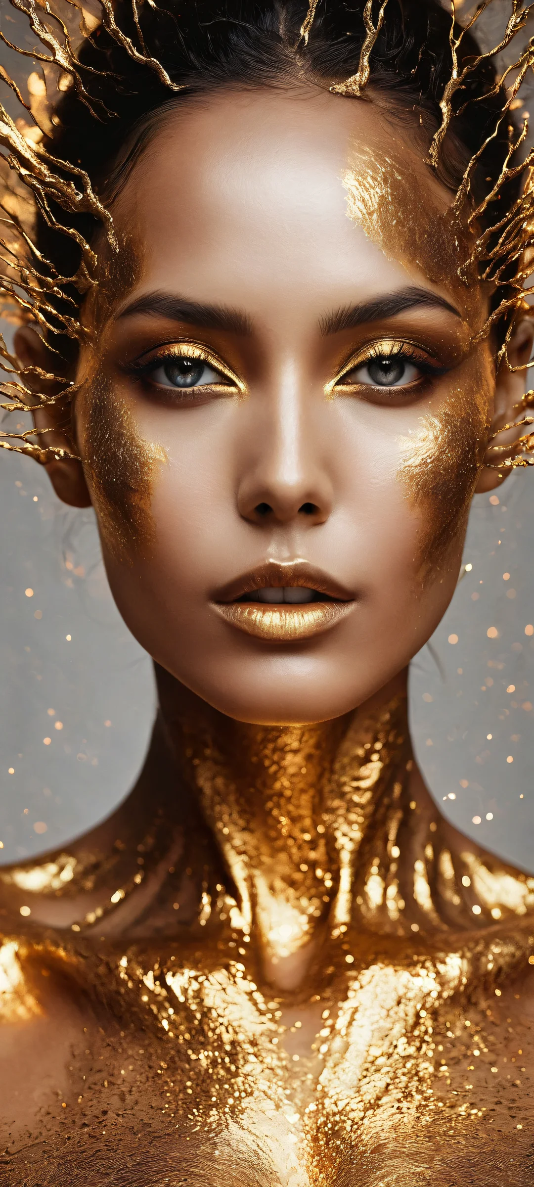 A woman's face transformed by molten gold veins, eyes reflecting distant galaxies, and hair turning into black petals. Perfectly optimized for iPhone, Samsung Galaxy, and Android home screens.