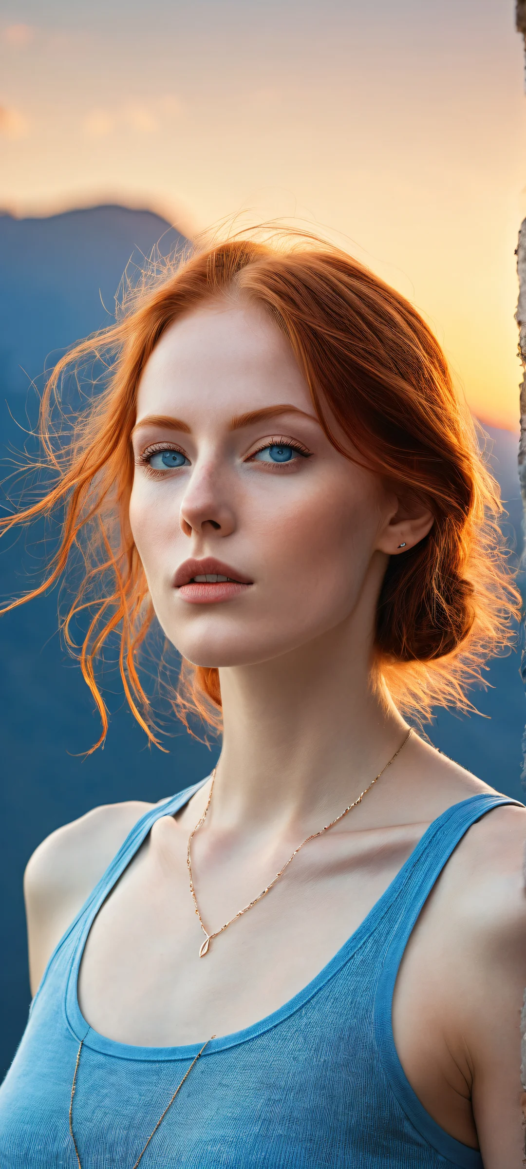 A redhead model with piercing blue eyes and pierced nose, perfectly placed in the lower-middle against a serene void, optimized for iPhone/Android home screens.