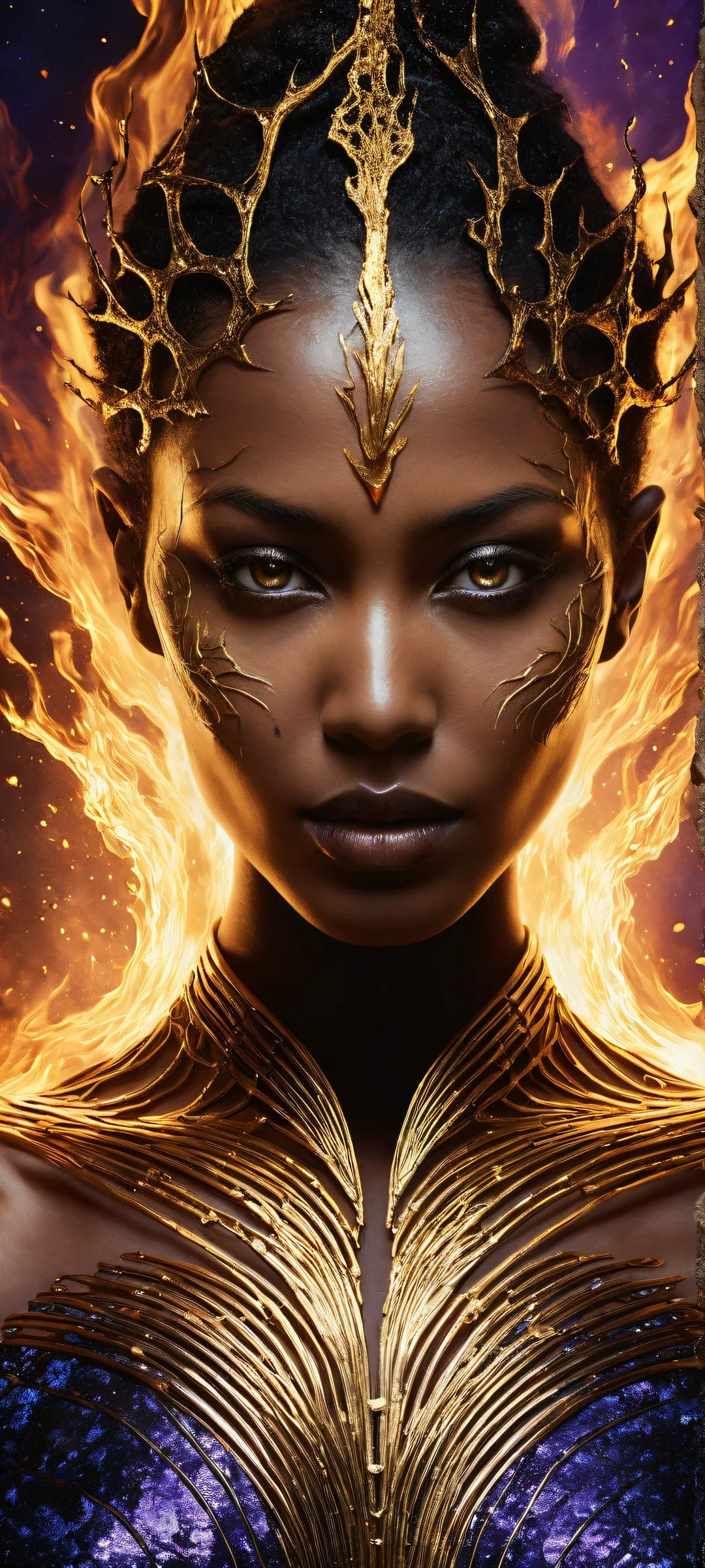 A woman with obsidian skin and glowing molten gold cracks on her face, reflected in her eyes and surrounded by black petals that dissolve into smoke. Perfekt optimiert für das iPhone, Samsung Galaxy, und Android-Startbildschirme.