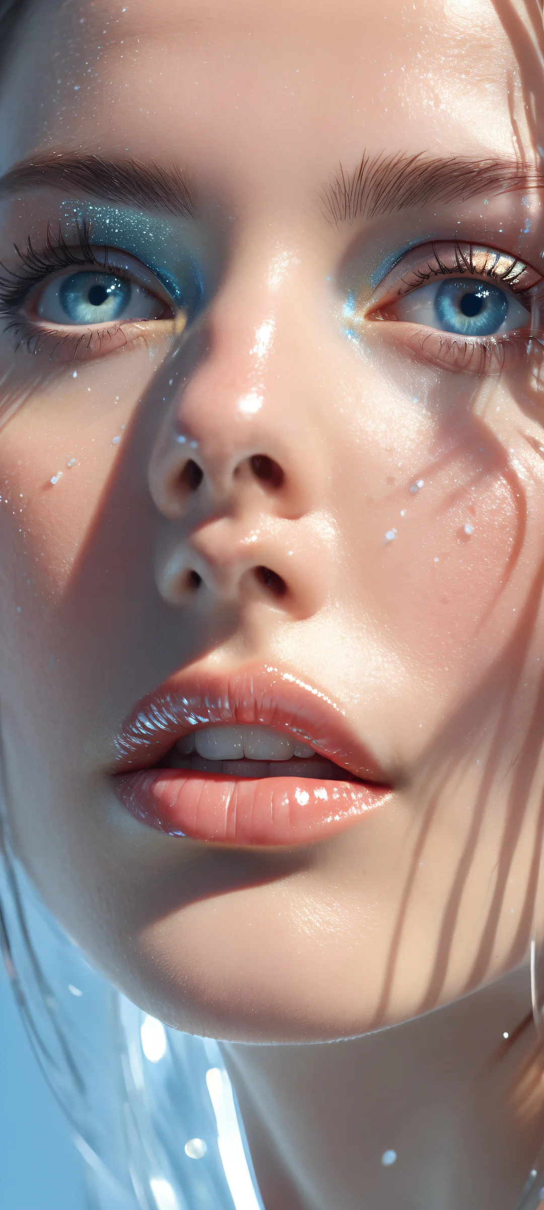iPhone and Android users will love this breathtaking vertical portrait artwork featuring detailed facial micro-details, radiant colors, and ray-traced reflections on a pristine empty top half perfect for UI widgets.