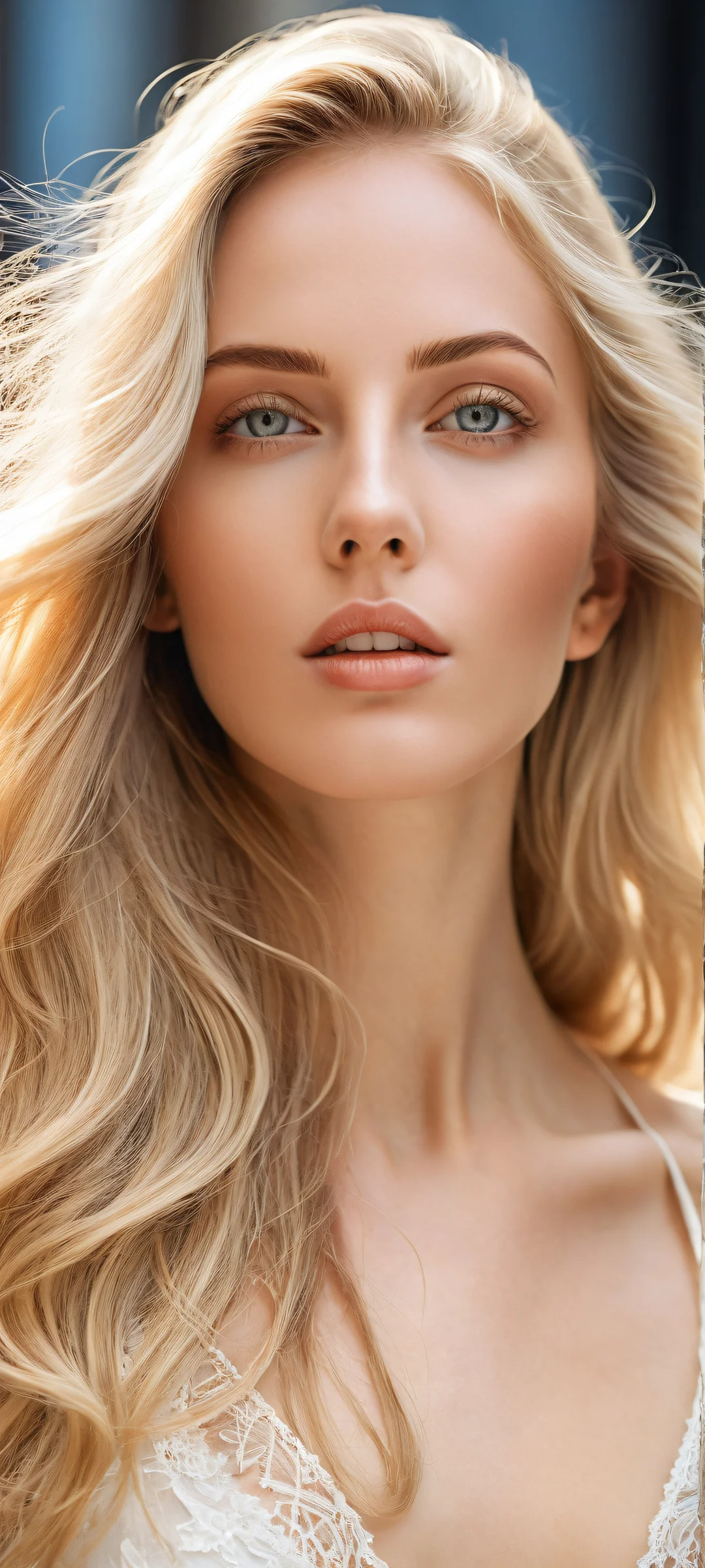 A stunning blonde woman with extreme long hair on an iPhone/Android home screen, featuring intricate micro-details and ethereal lighting.