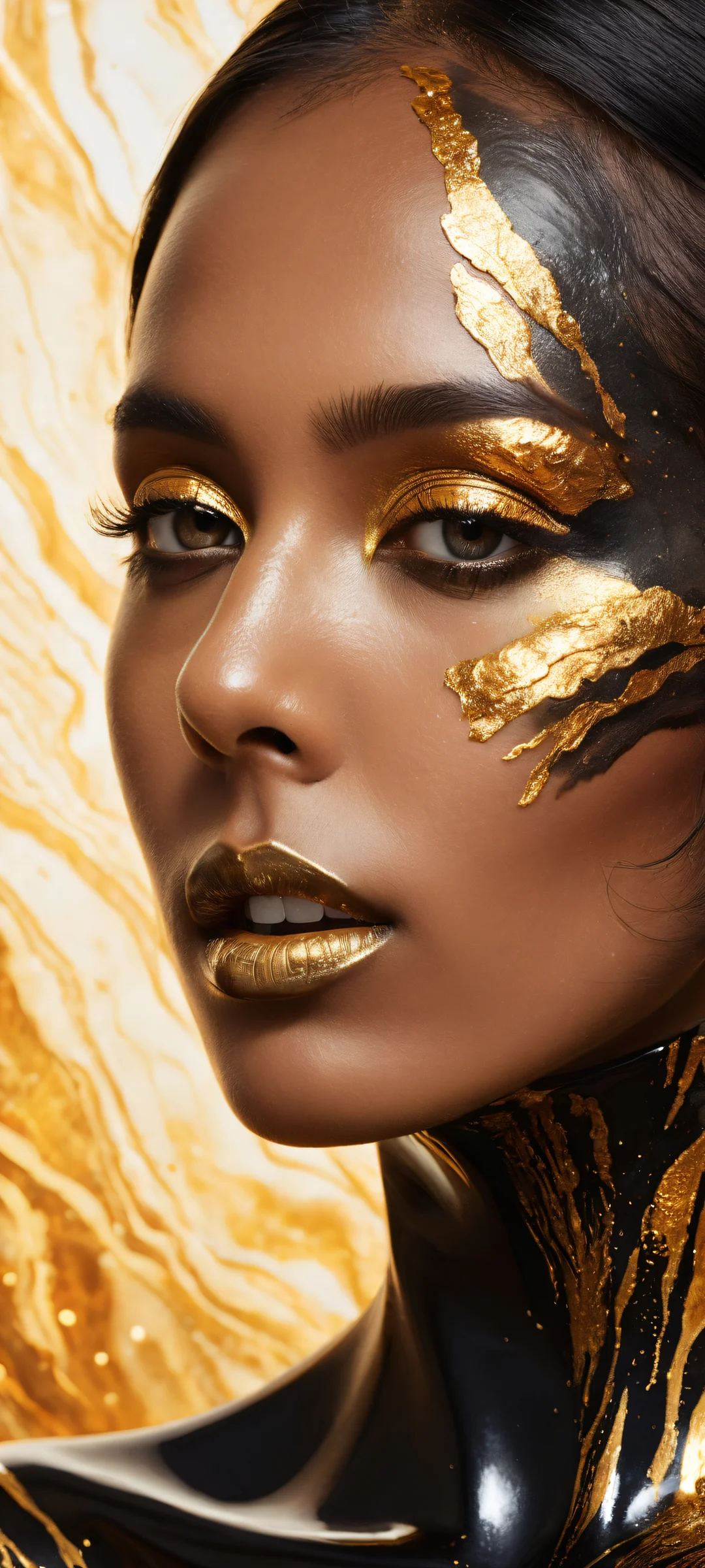 A portrait of a woman with polished obsidian skin and glowing molten gold features on iPhone/Android