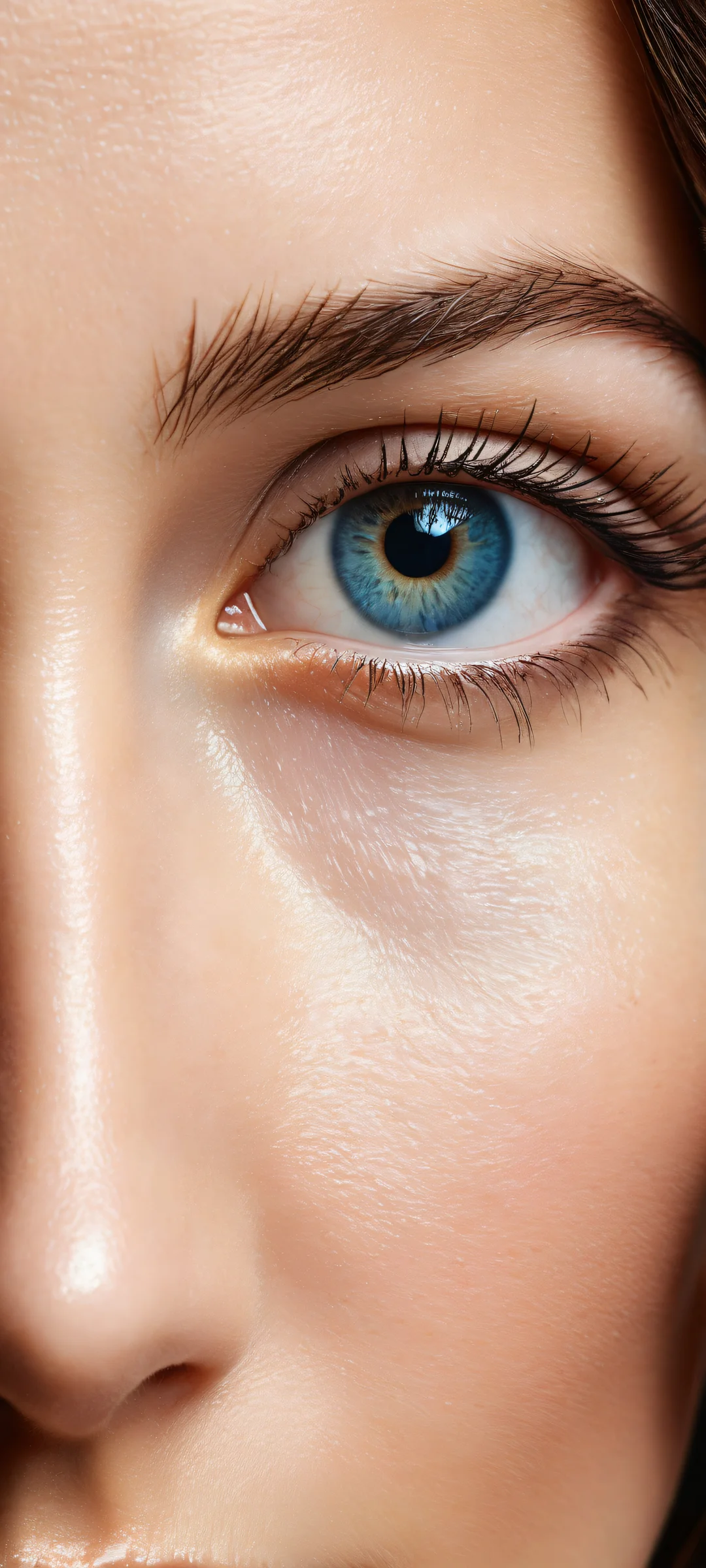 Ethereal Elegance 2K Phone Wallpaper A stunning portrait of an eye and forehead with intricate details on the hair or fur, partially obscuring the skin. Perfectly clean top half with a vast void contrasts against dense textures in the lower half. Suitable for iPhone/Android home screens.