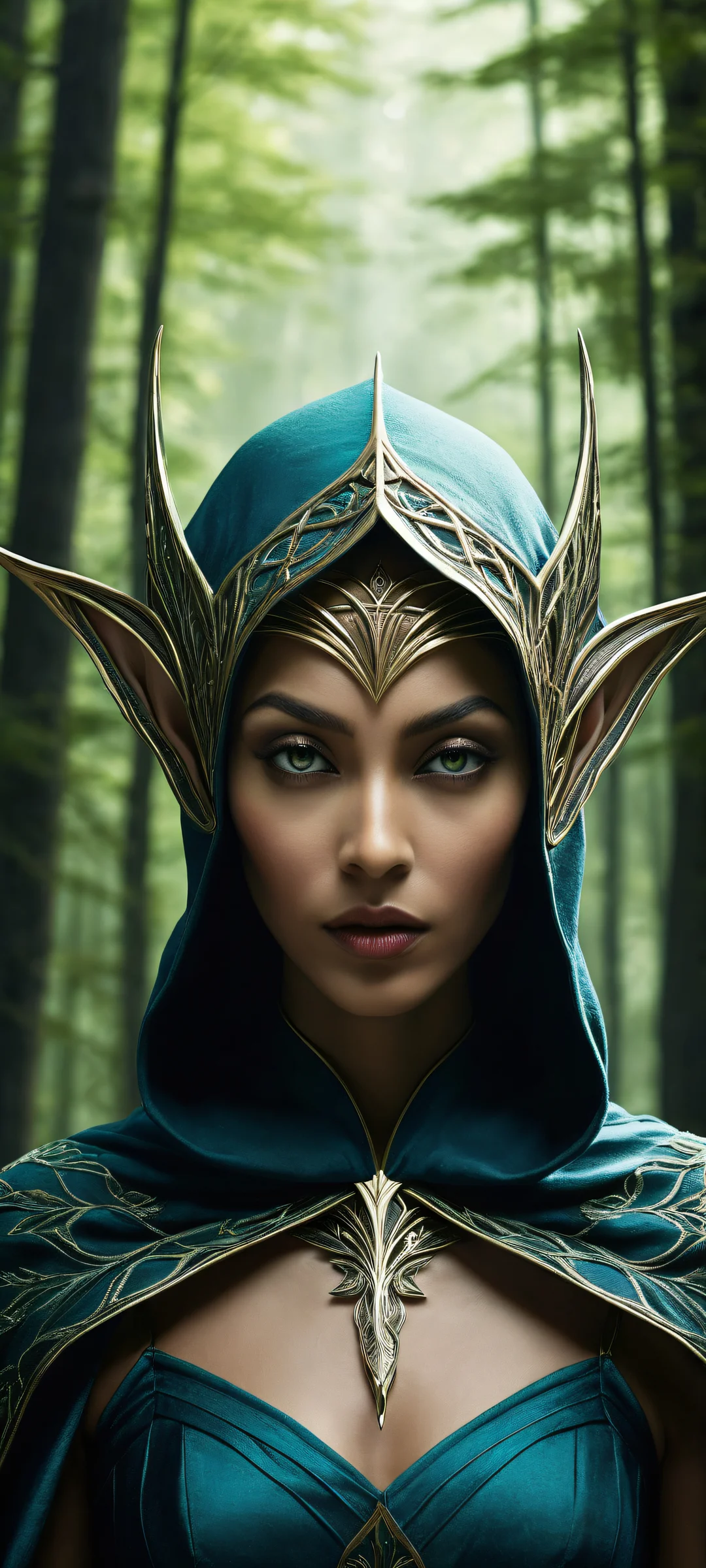 A breathtaking portrait of an elf girl in a flowing cape and mask on a dark mode background with a dense forest, optimized for iPhone/Android home screens.