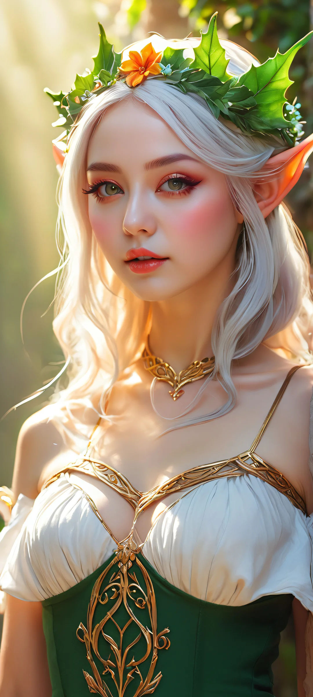 A stunning portrait of a fantasy elf woman on iPhone/Android, with intricate details and a vibrant background.