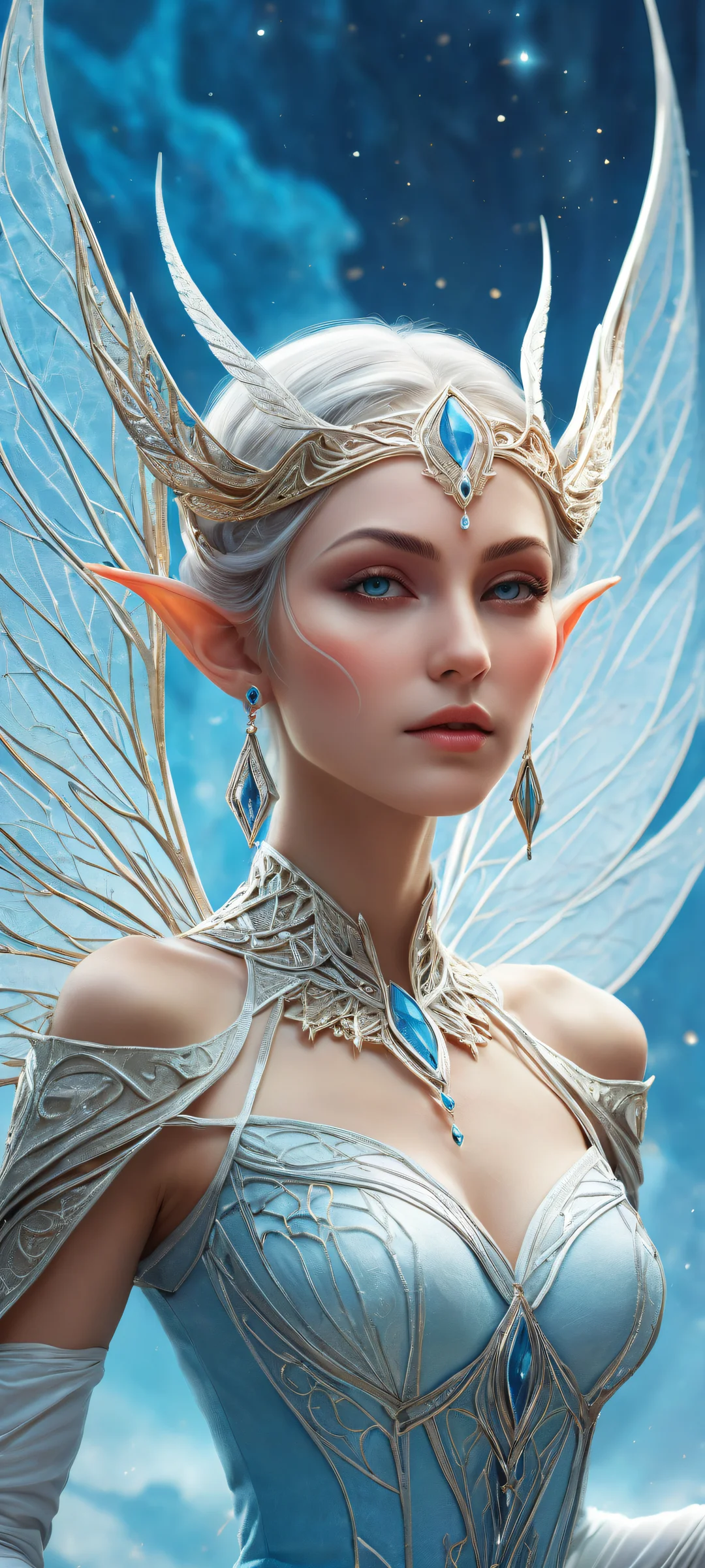 Breathtaking vertical portrait of an elf girl on a pure void background with intricate fantasy illustrations. iPhone や Android のホーム画面に最適.