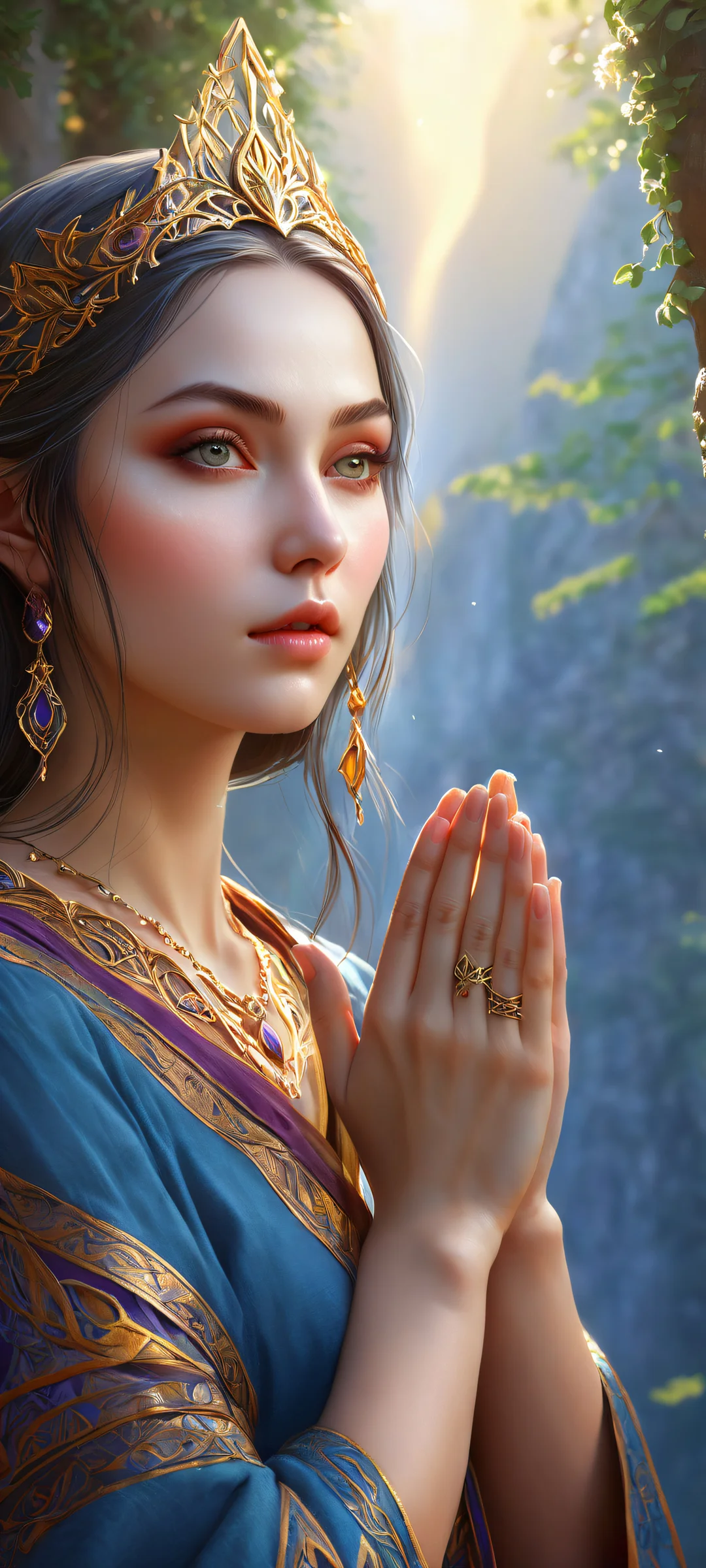 A serene elf girl amidst a mystical landscape on an iPhone/Android