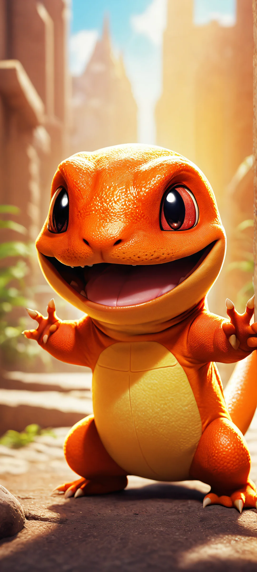 A stunning closeup of Charmander from Hazbin Hotel, perfectly optimized for iPhone and Android home screens. Radiant ethereal lighting casts brilliant colors and ray-traced reflections.