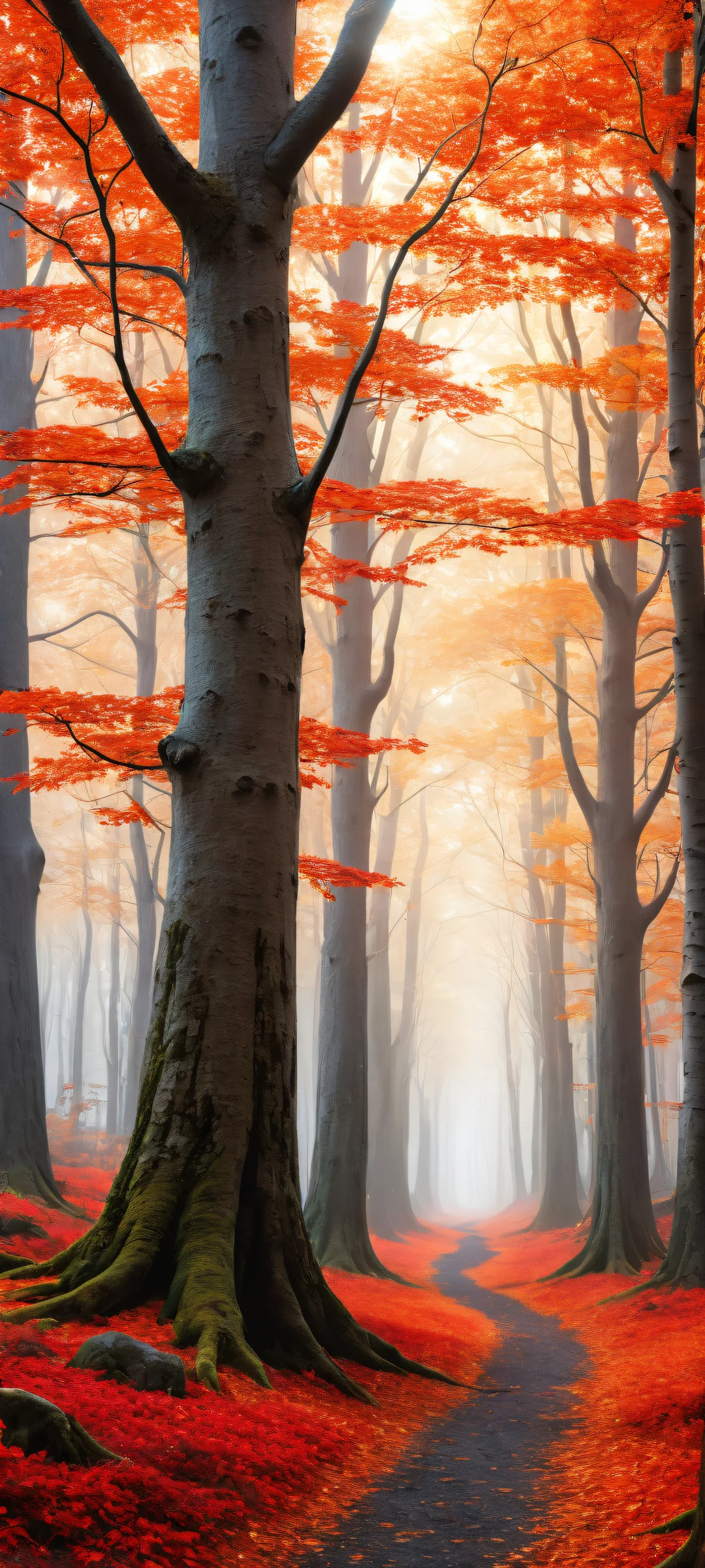 Ancient Elven Forest iPhone/Android wallpaper with glowing silver trees and misty ambiance, perfekt für Home-Bildschirme.