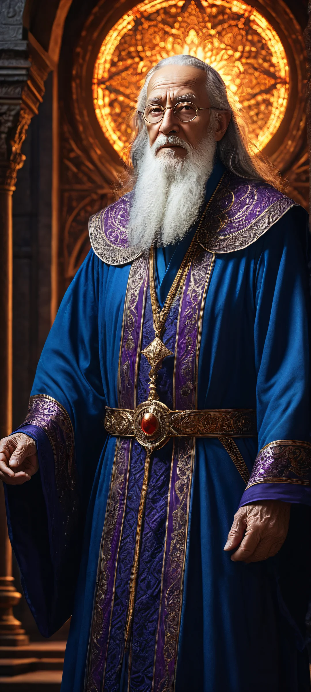 An elderly mage stands proudly in the lower-middle with intricate dark blue robes and magical energy, perfectly clean and empty top half for a mysterious darkness, featuring iPhone/Android compatible artwork.