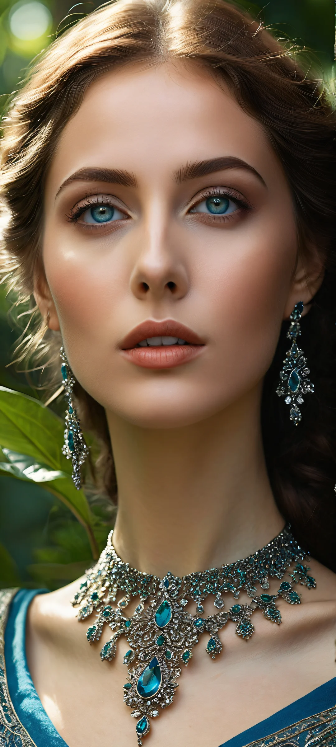 Maiden with brown hair and blue eyes in a forest setting, optimized for iPhone and Android home screens.