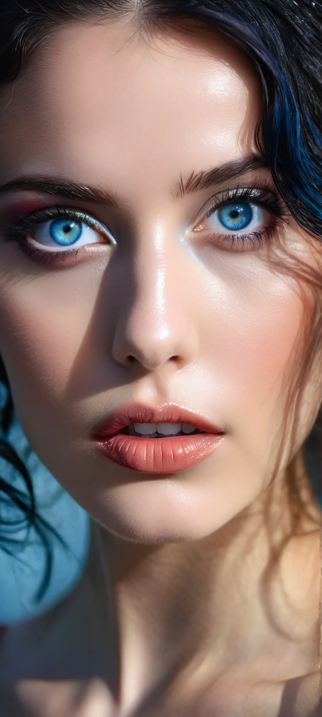 Ethereal Enchantment iPhone & Android Wallpaper A young woman with striking blue eyes and raven-black hair gazes directly at the viewer with a subtle blush, beckoning them into her world. Perfect for iPhone/Android home screens.