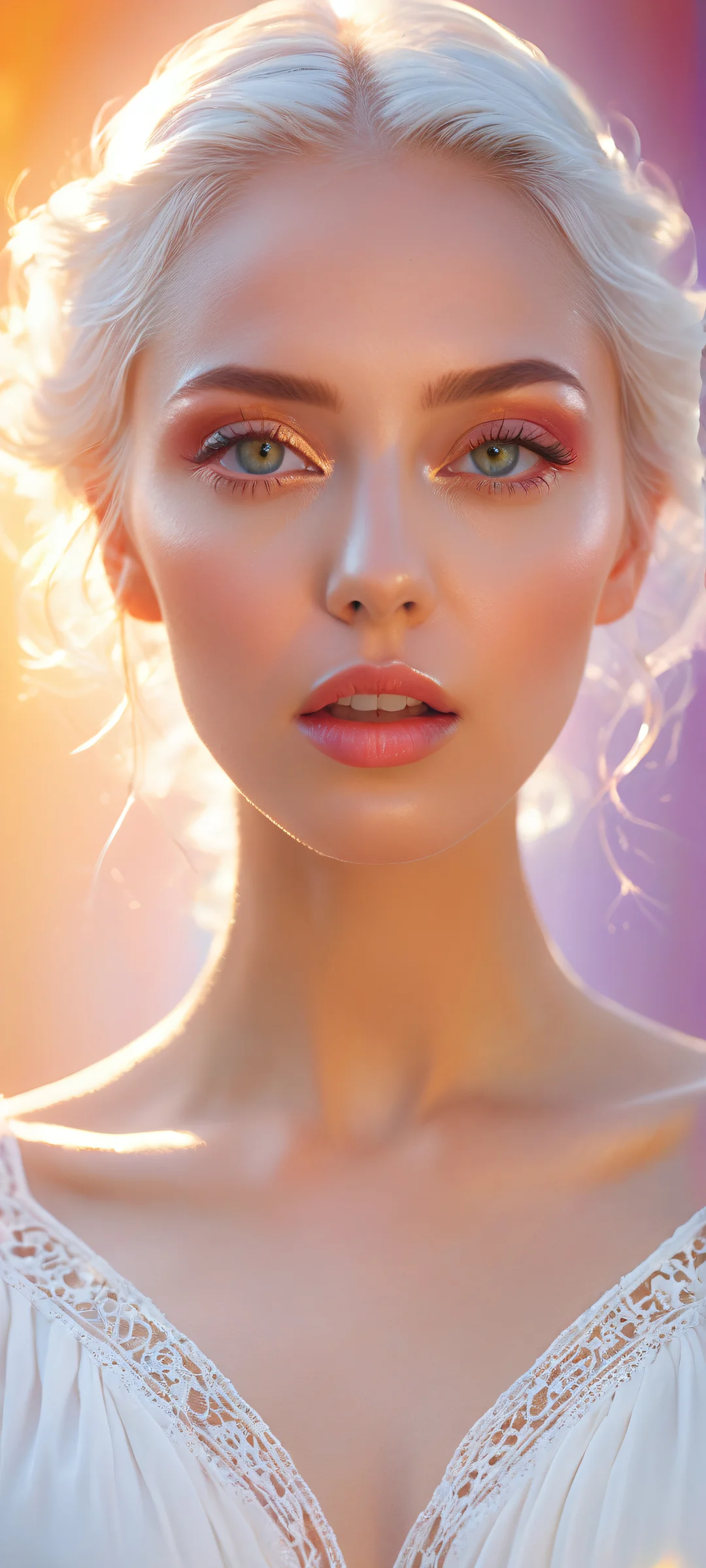 Ethereal Enchantress 2K Phone Wallpaperparfaitement optimisé pour les écrans d'accueil iPhone et Android A stunning portrait of a woman in white dress with her head transformed into a colorful foreign planet, perfectly optimized for iPhone and Android home screens.