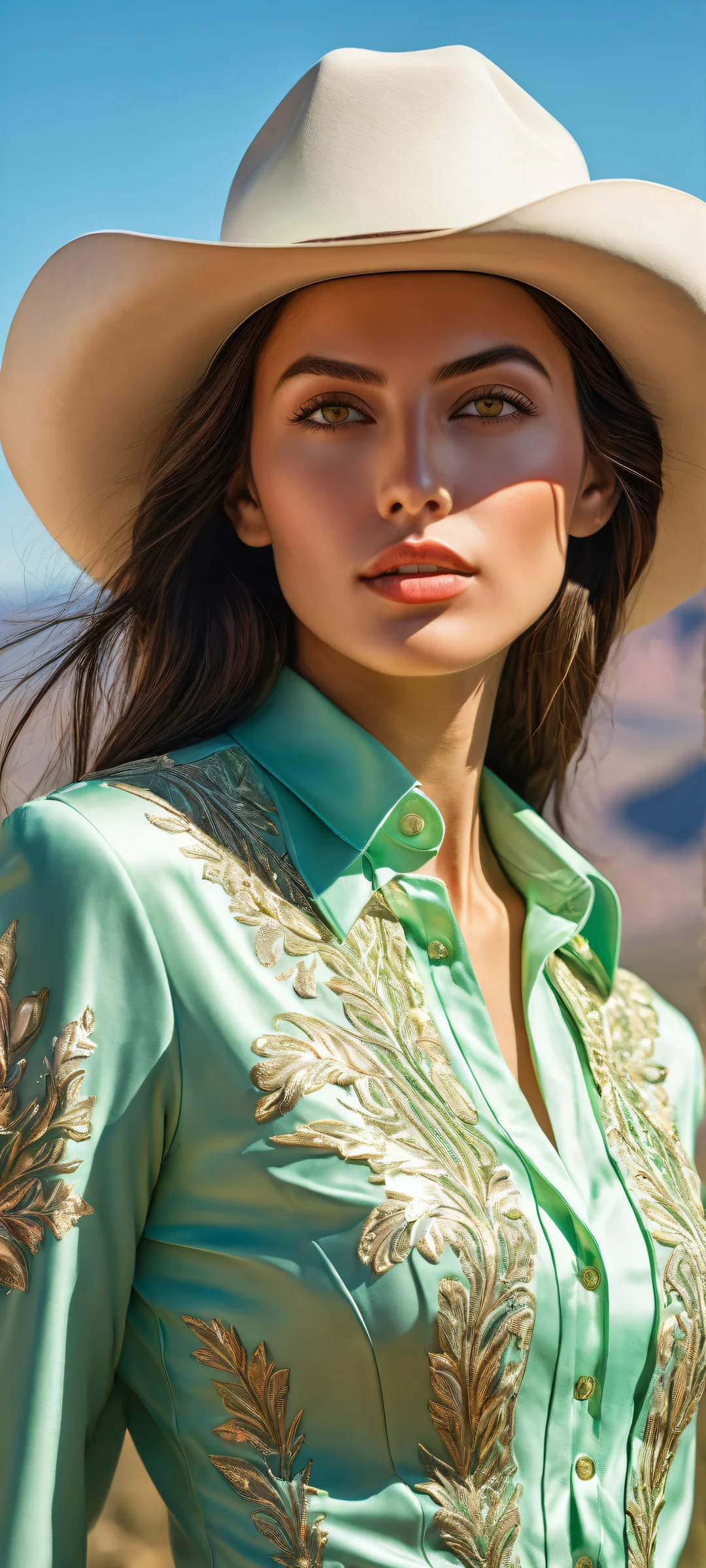 Mysterious cowgirl on a vast green landscape. iPhone/Androidのホーム画面に完全に最適化.