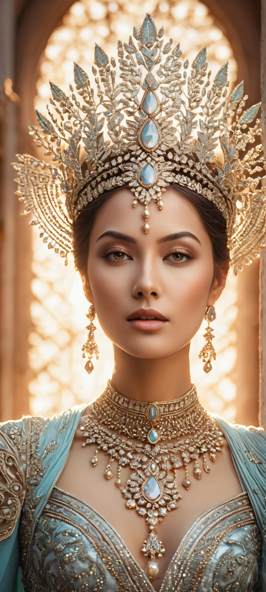 A portrait of a woman placed in the lower-middle with intricate micro-details, showcasing her elegant fantasy outfit adorned with metallic ornaments and subtle jewelry reflections, perfekt für iPhone/Android-Startbildschirme.