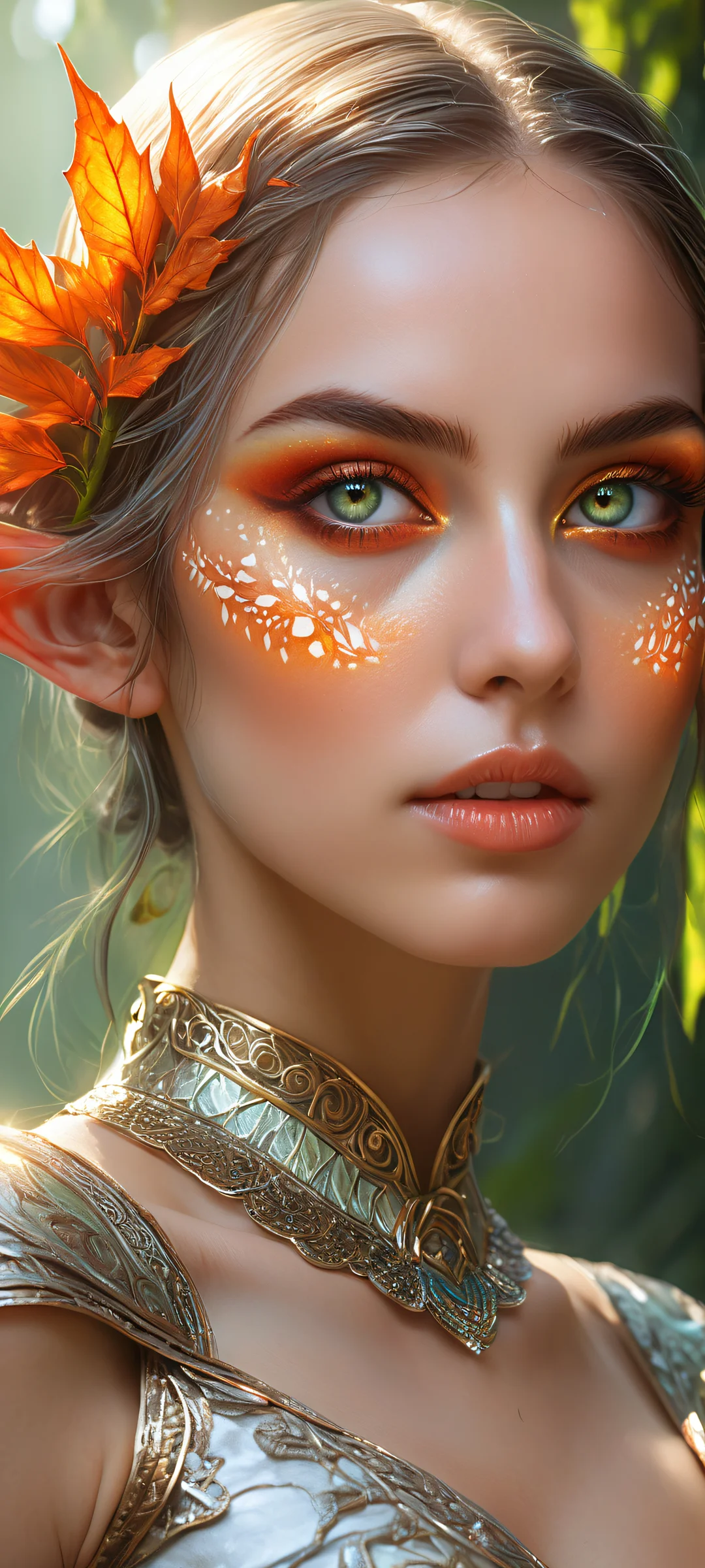 A beautiful Elf girl with intricate micro-details and an ornate mask, perfectly centered on a clean top half, surrounded by lush greenery and fiery sparks, optimized for iPhone, Samsung Galaxy, and Android home screens.