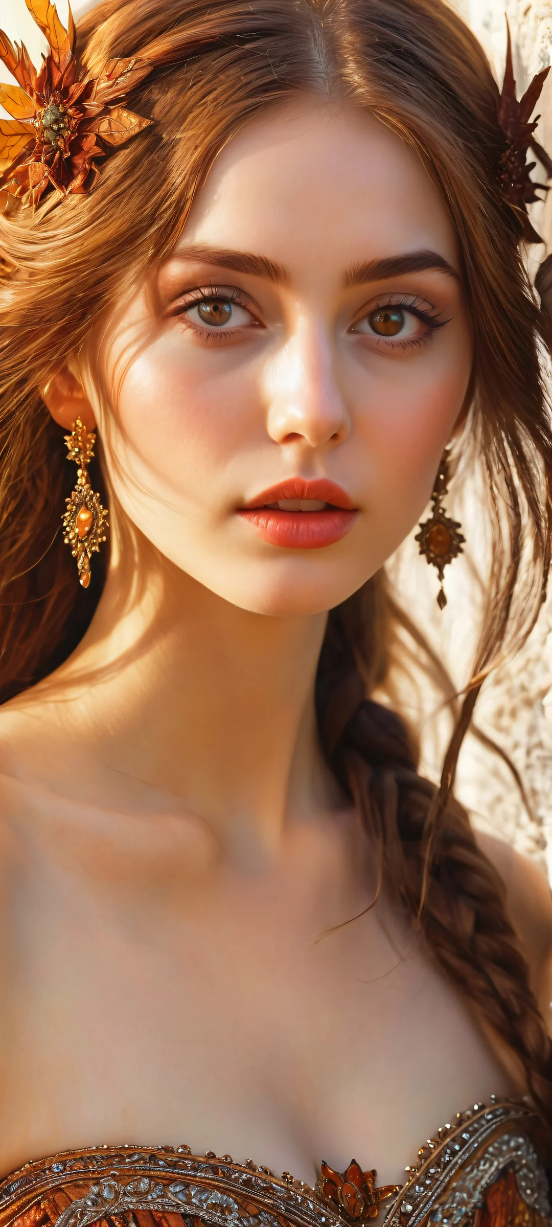 Beautiful fantasy artwork of a young woman with pointy ears and intricate costume details for iPhone or Android home screen.