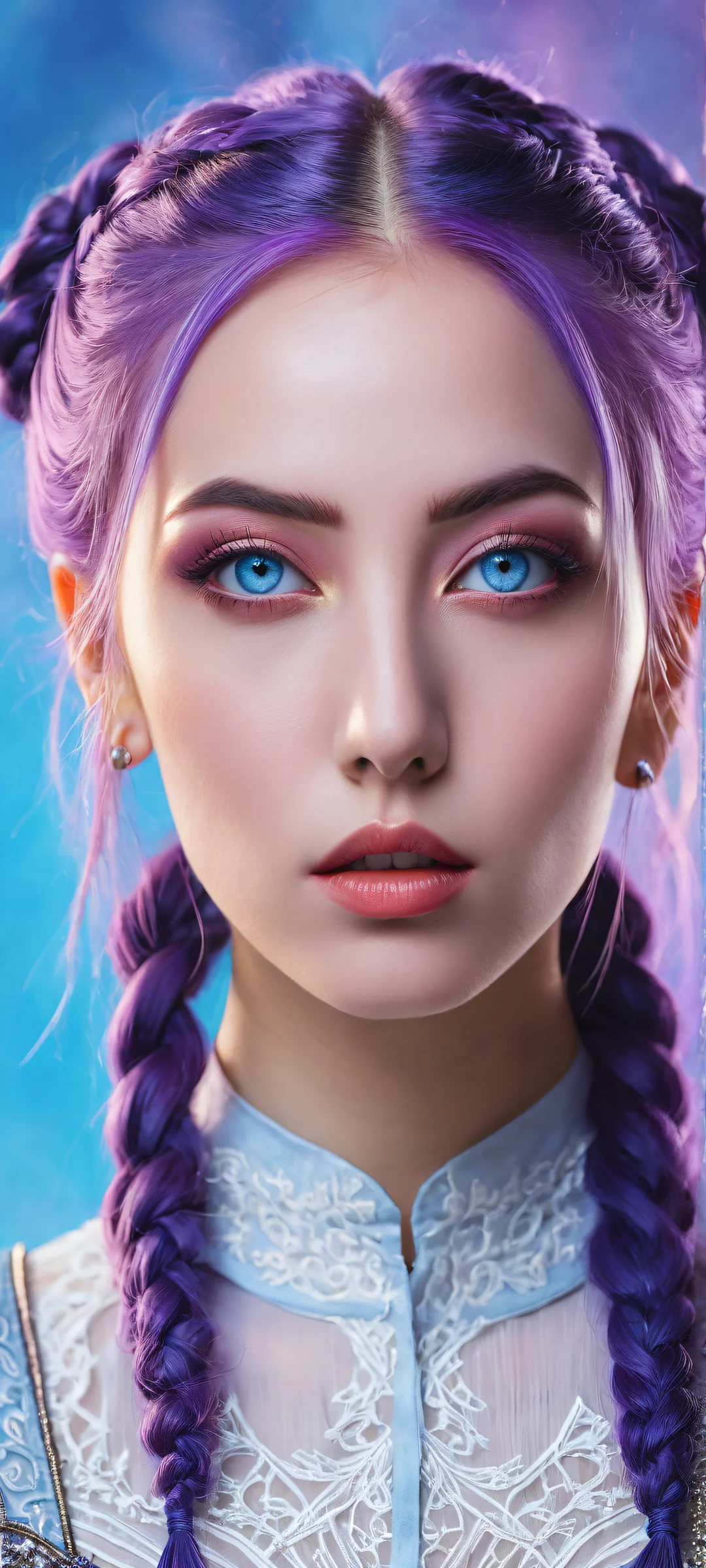 A mesmerizing female character with twintails and purple hair, iPhone/Android ready, for an otherworldly glow on your home screen.